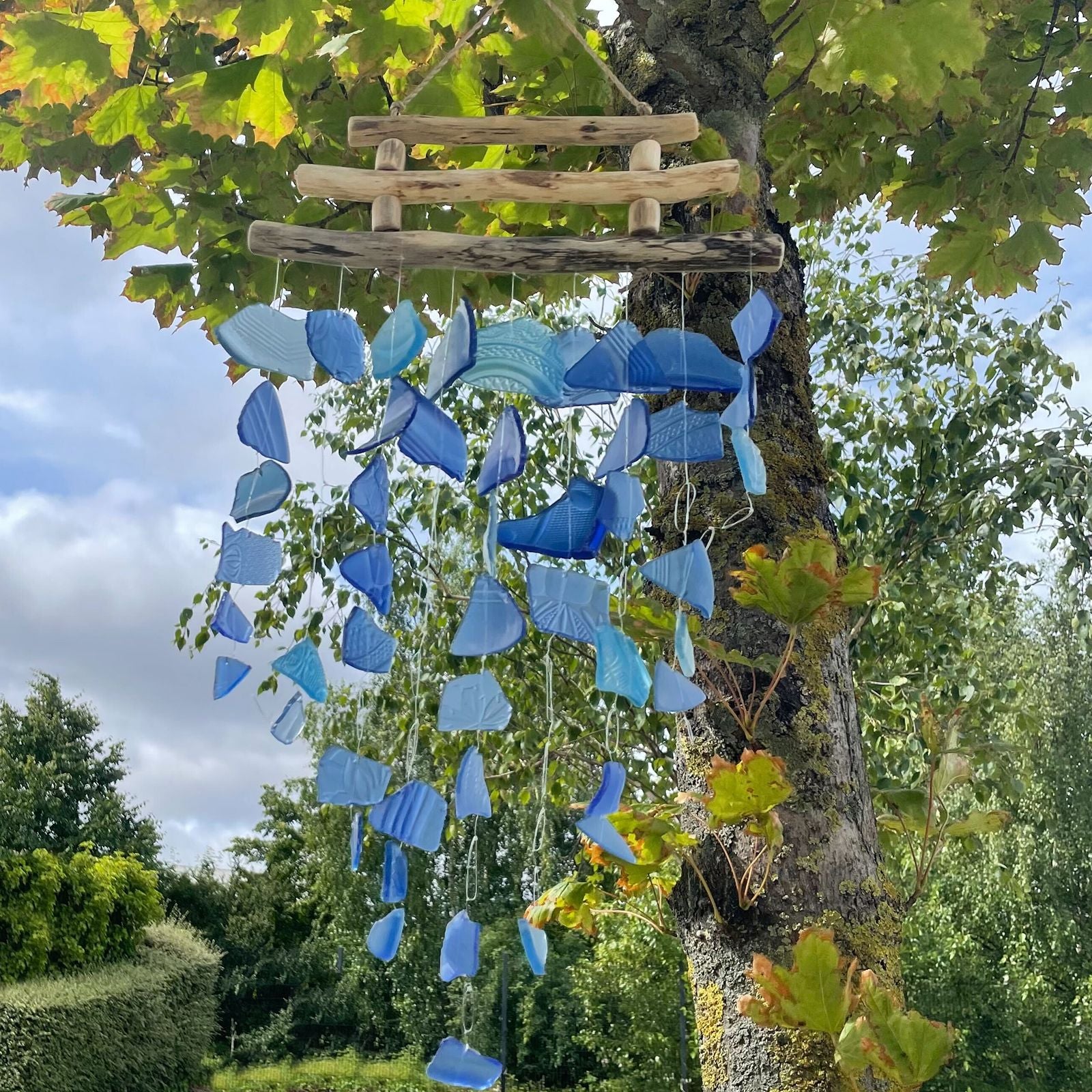 Recycled Glass Wind Chimes Three Stick All Blues Design