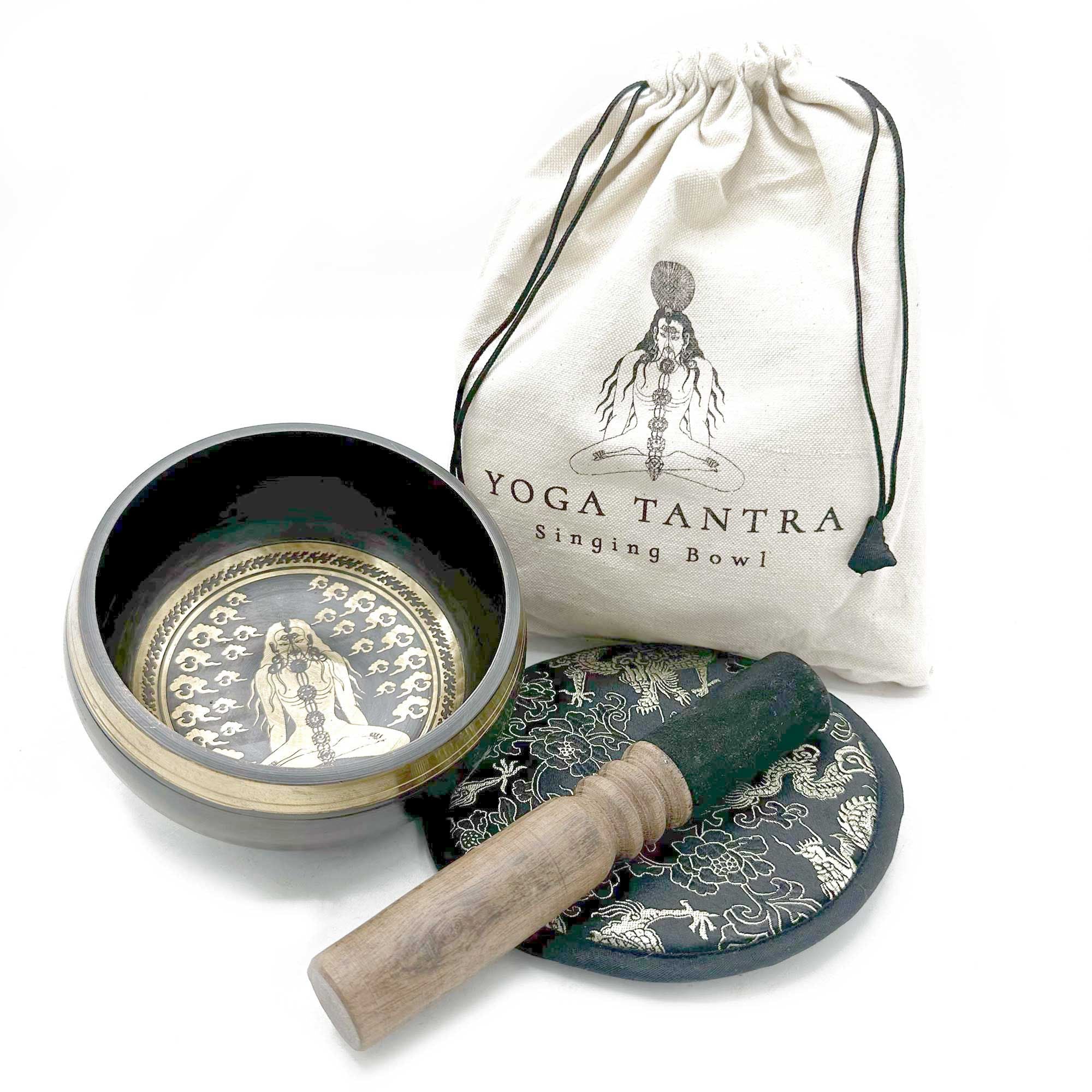 Hand Beaten Engraved Singing Bowl Gift Set with Yogi Motifs 14cm
