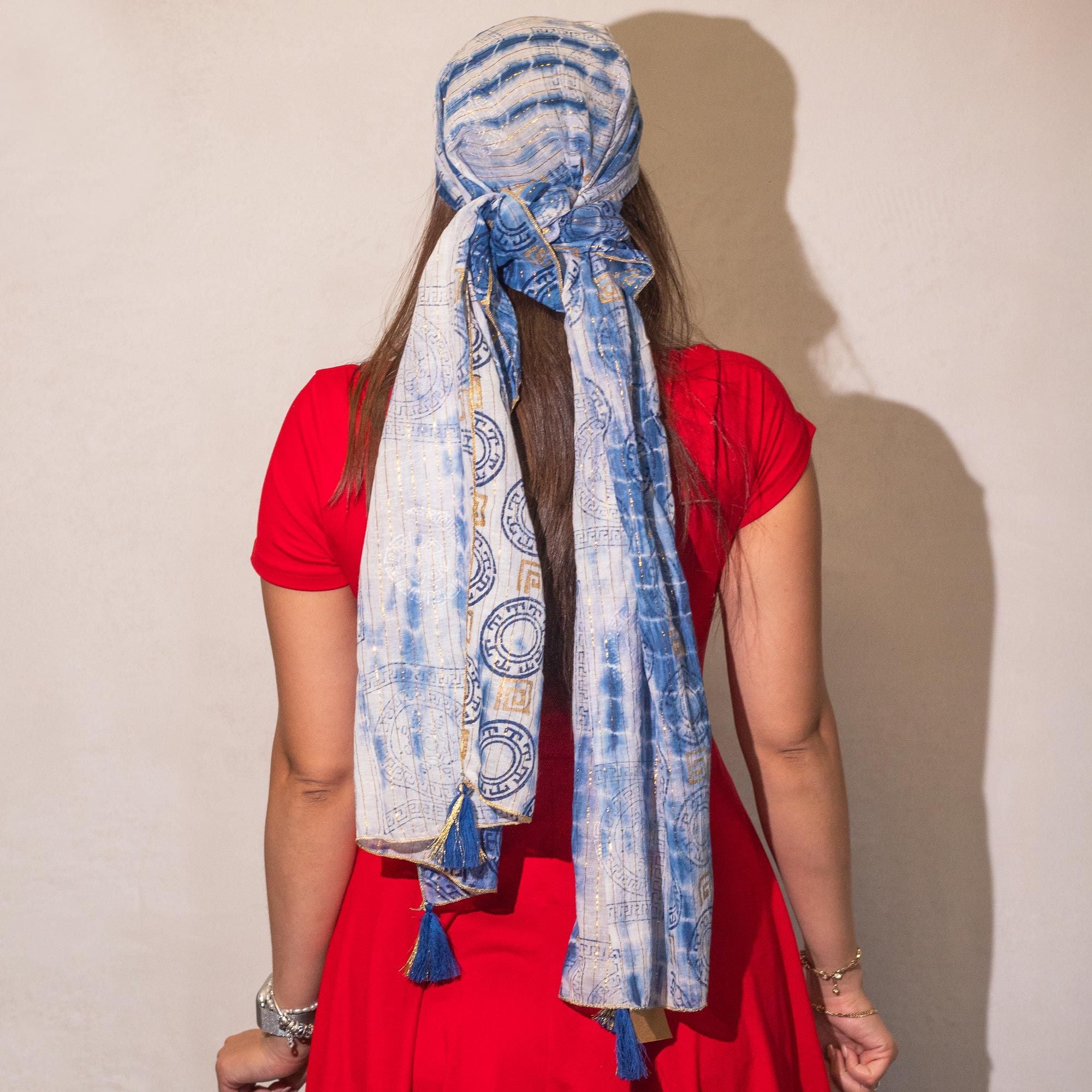 Nomad Sari Summer Marbella Print Scarf in Blue and Gold Design