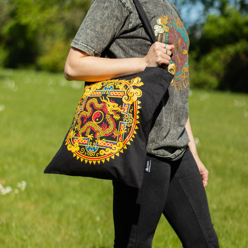 Iconic Classic Tote Bag in Black with Dragon Yin Yang Design
