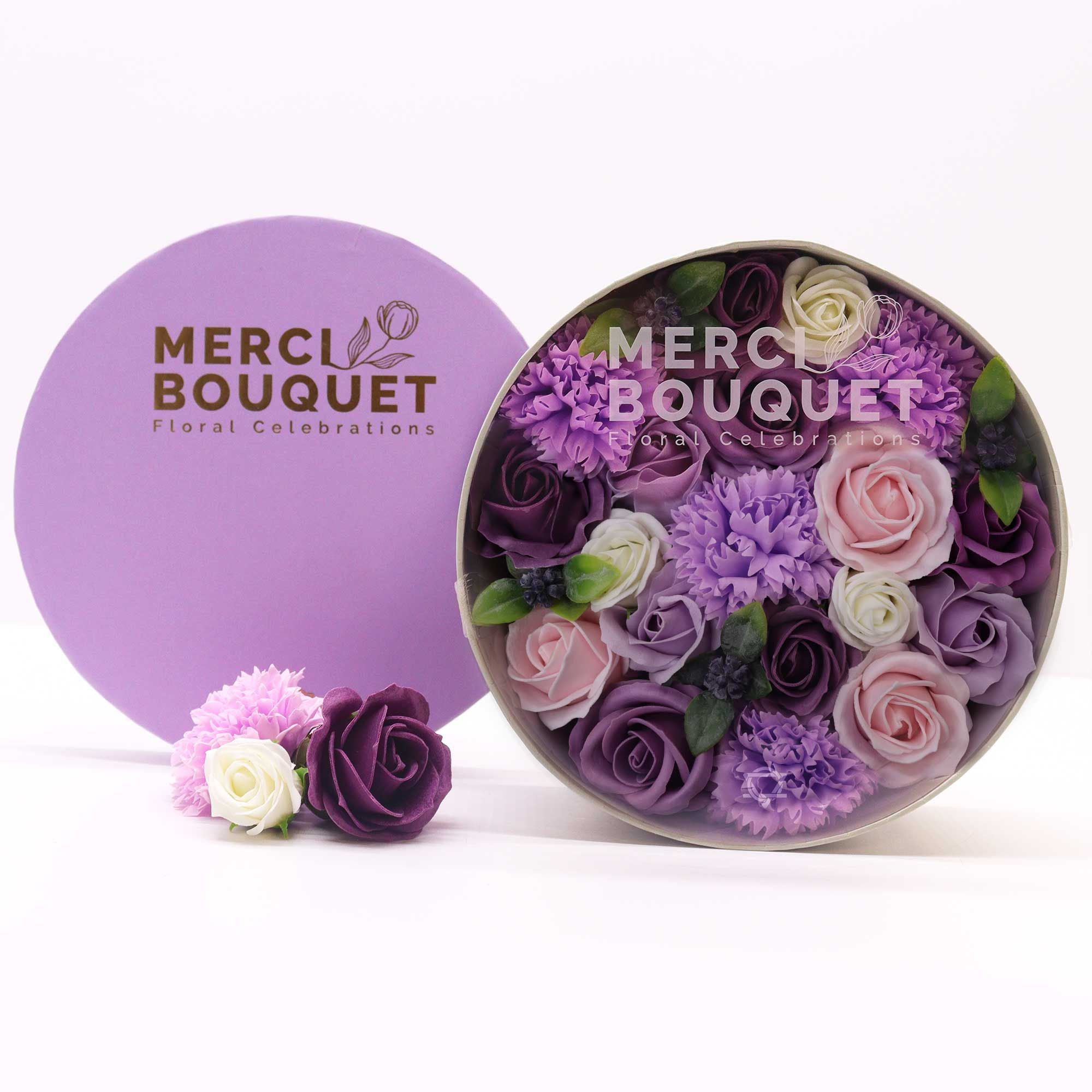 Lavender Rose and Carnation Soap Flower Gift Round Box Set