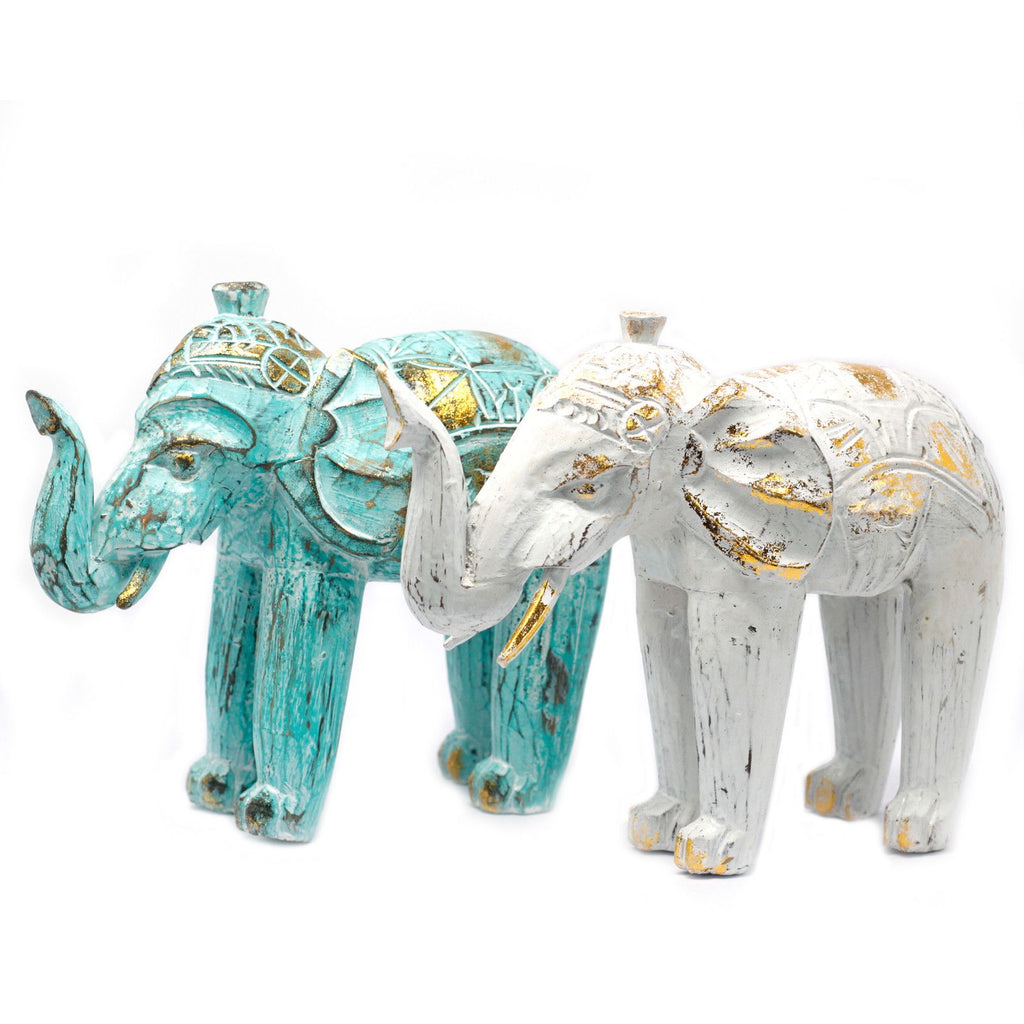 Wood Carved Elephant Decorative Figure in Turquoise and Gold