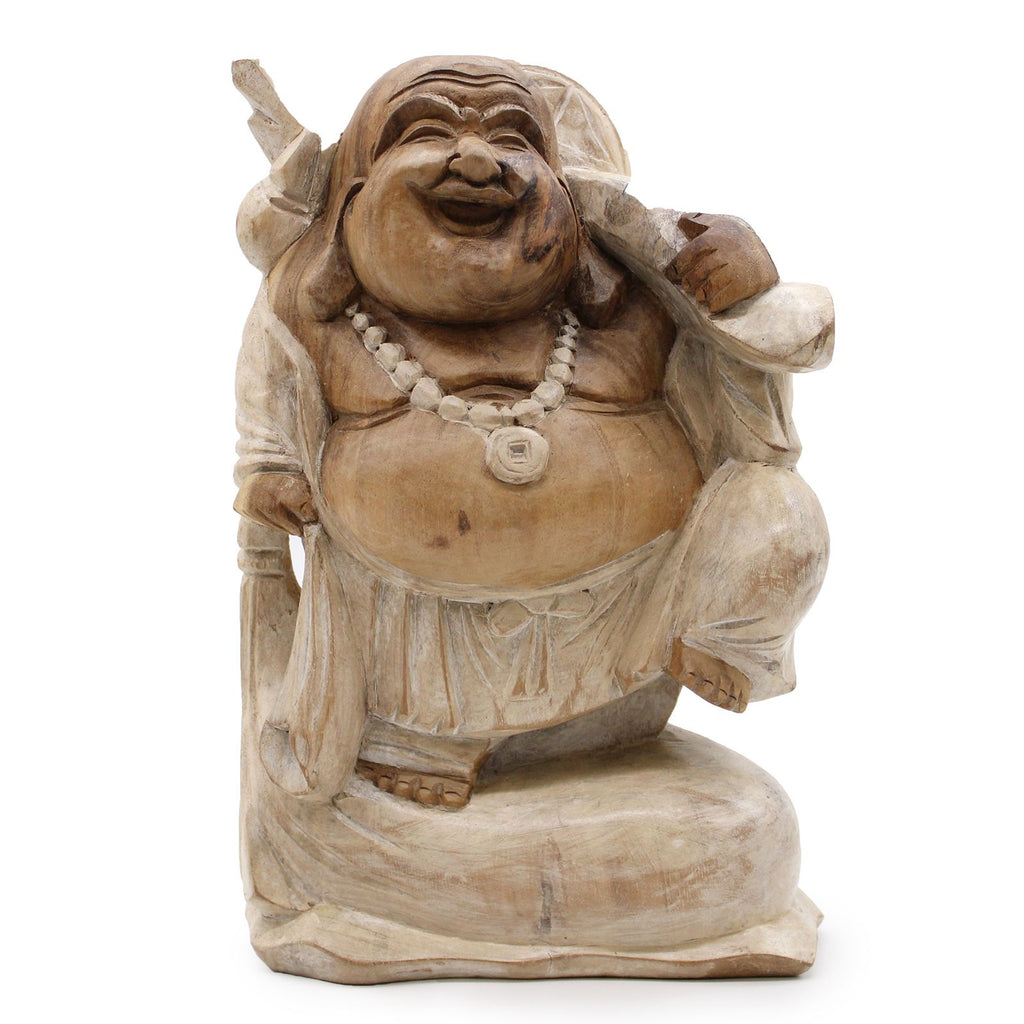 Happy Buddha Bring Wood Whitewash Hand Carved Statue 30cm