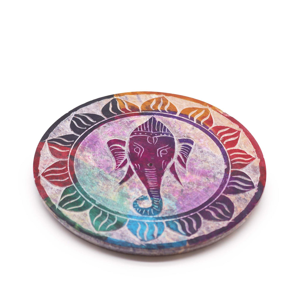 Soapstone Disc Incense Holder with Ganesha Artwork Design