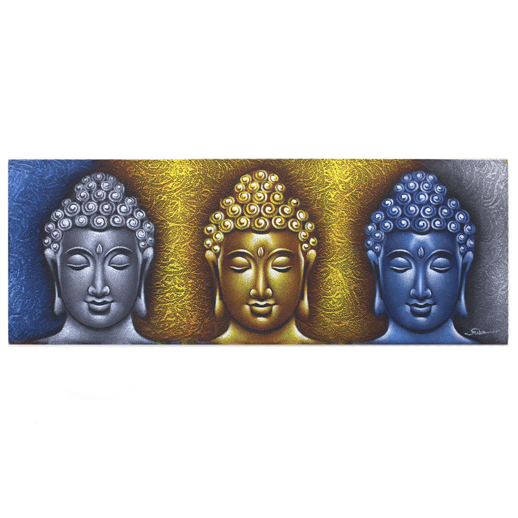 Buddha Painting with Three Heads and Gold Detail for Home Decor