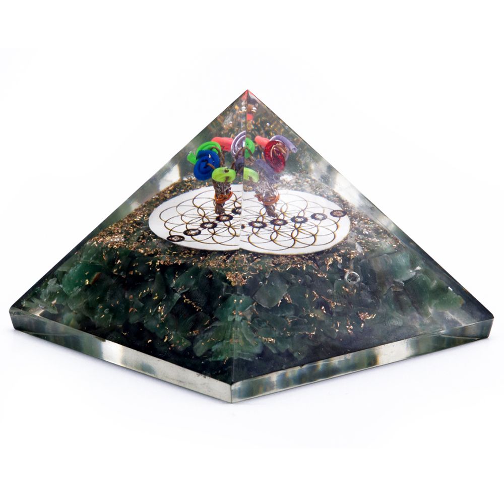 Green Acewnturine Orgonite Pyramid with Flower of Life Design