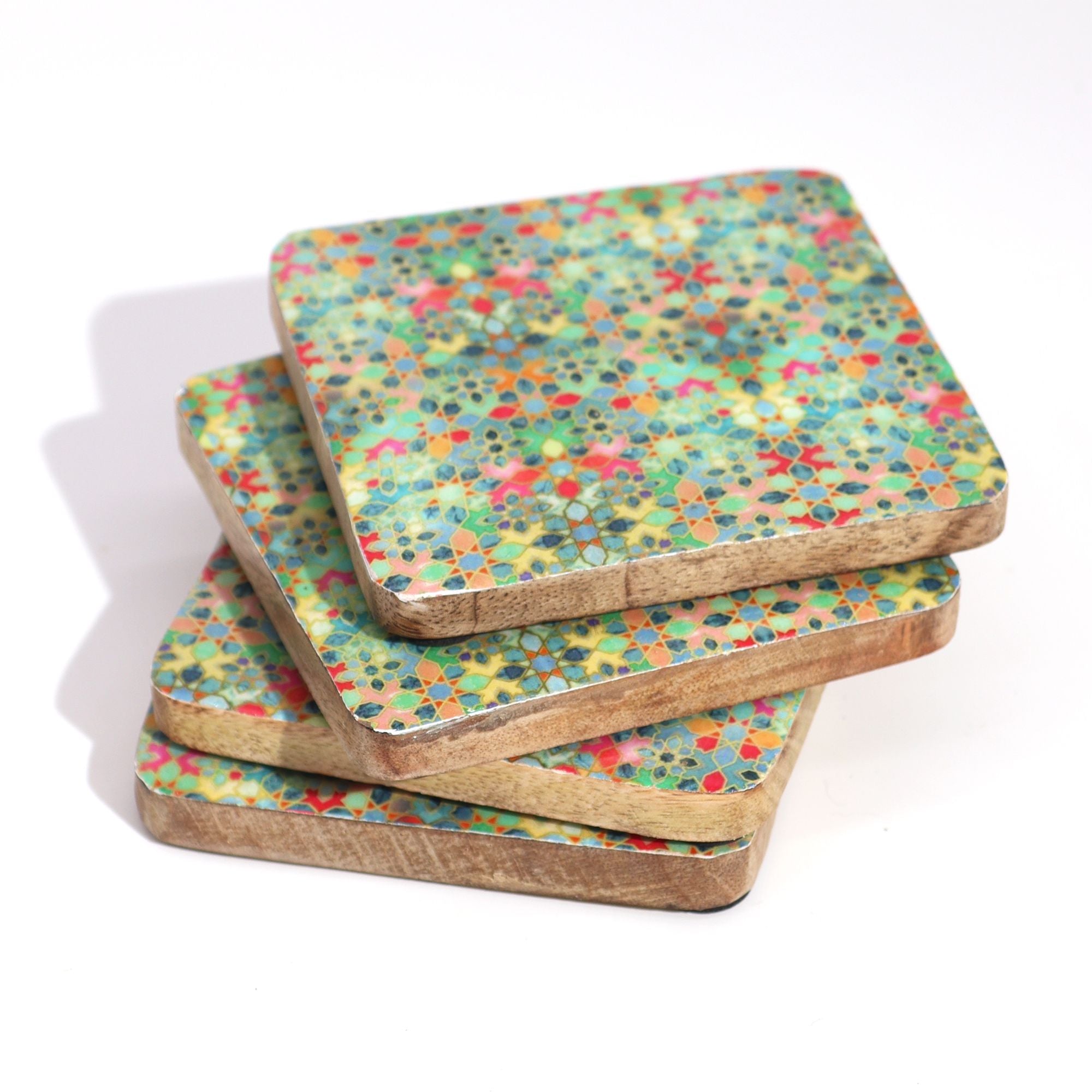 Set of 4 Square Coasters with Vibrant Mediterranean Tile Pattern