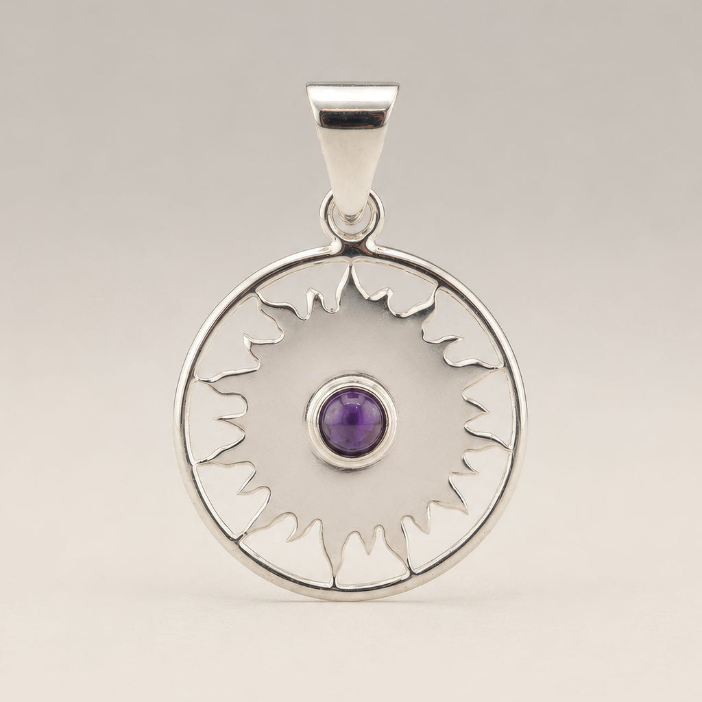 Indian Devotional Pendant with Silver Plated Sun Motif and Amethyst