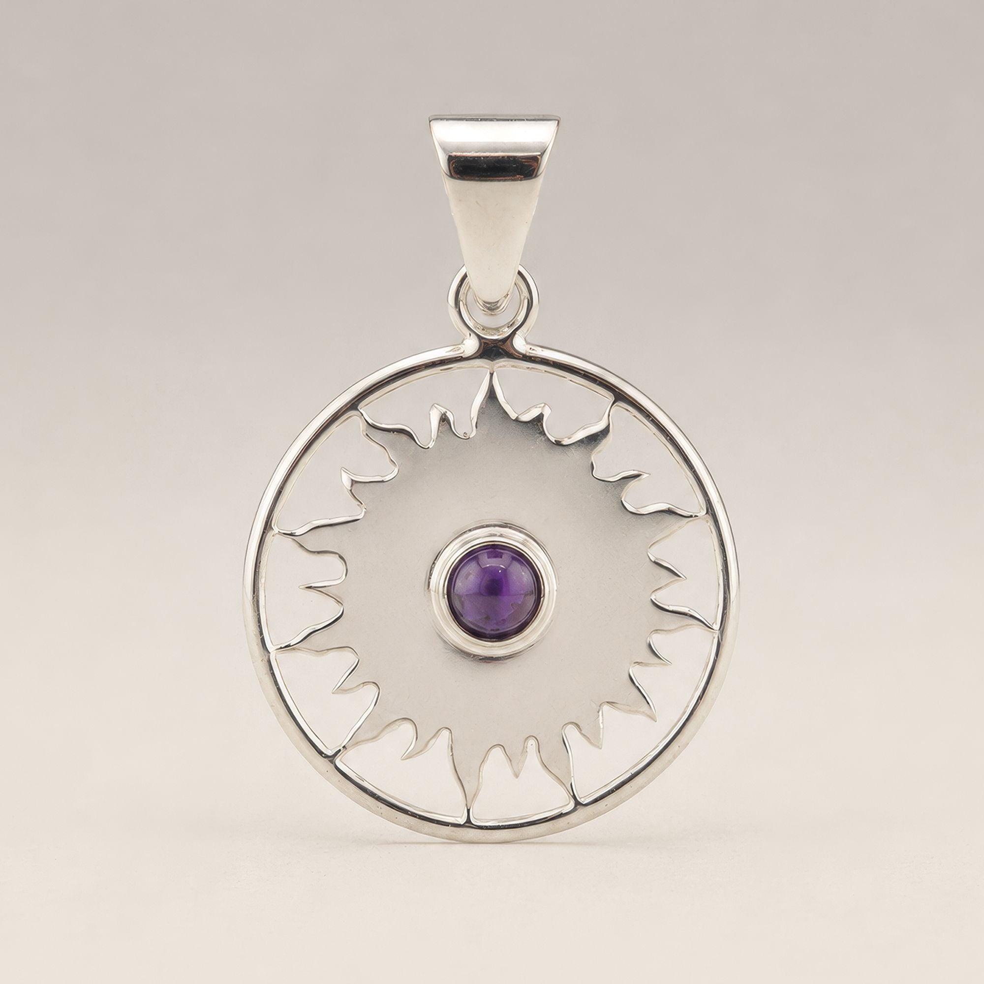 Indian Devotional Pendant - Silver Plated (45cm Cord)- Sun Worship Amethyst