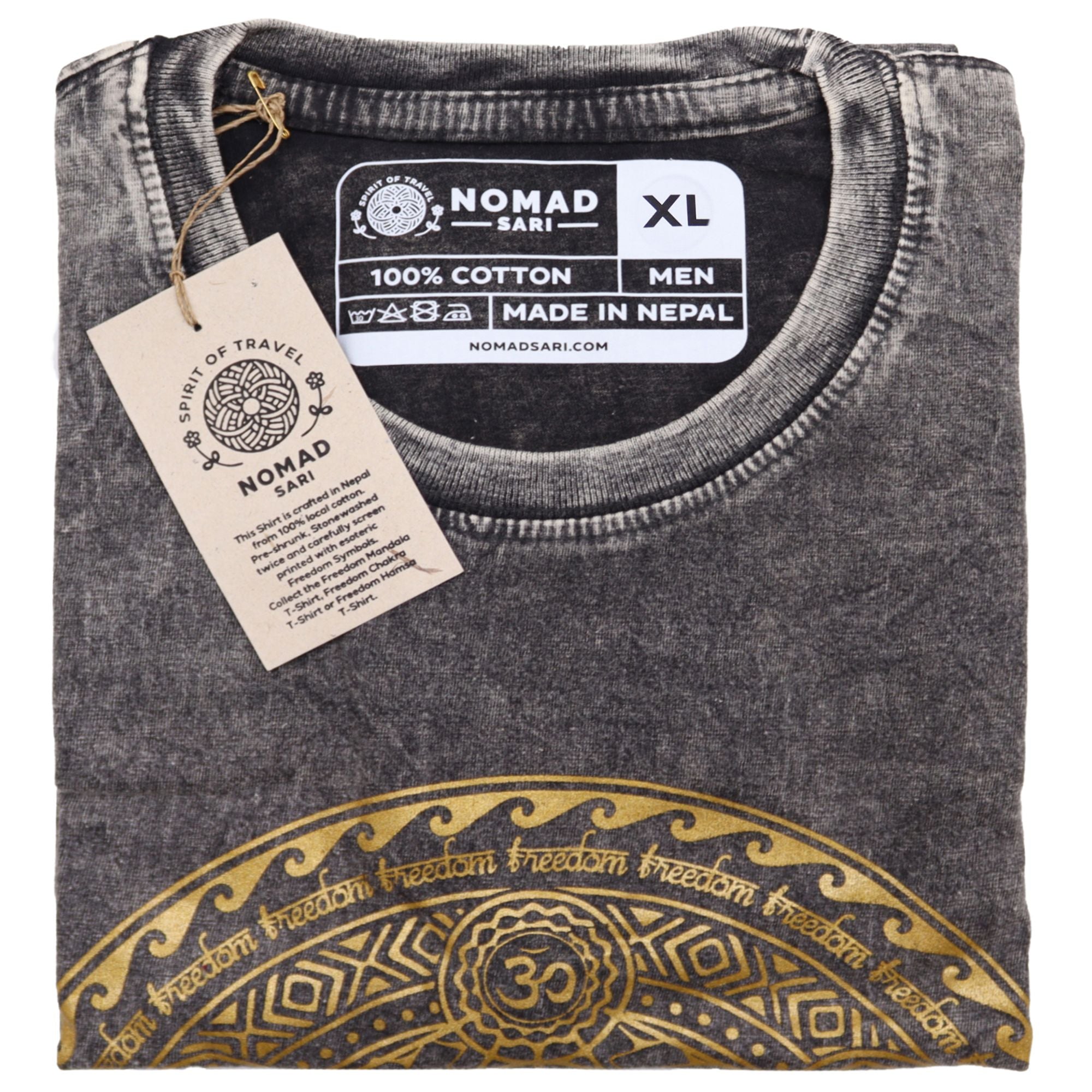 Nomad Sari Stonewashed Cotton T Shirt with Chakra Design in Grey
