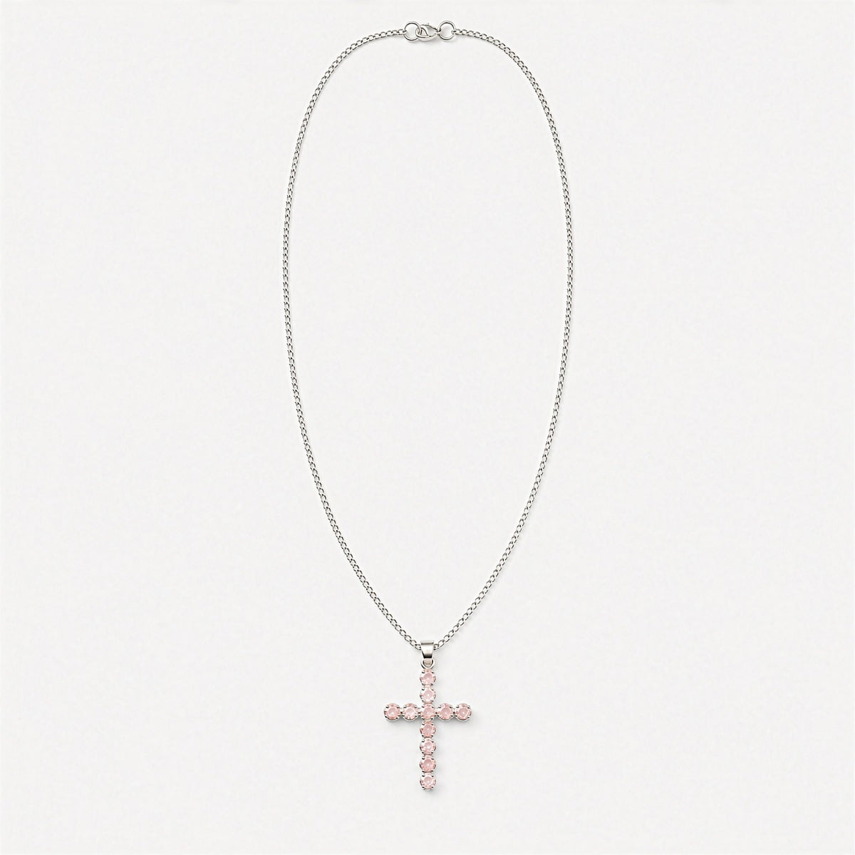 Indian Devotional Pendant - Silver Plated (45cm Chain)- Rose Quartz Crucifix