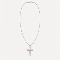 Indian Devotional Pendant - Silver Plated (45cm Chain)- Rose Quartz Crucifix