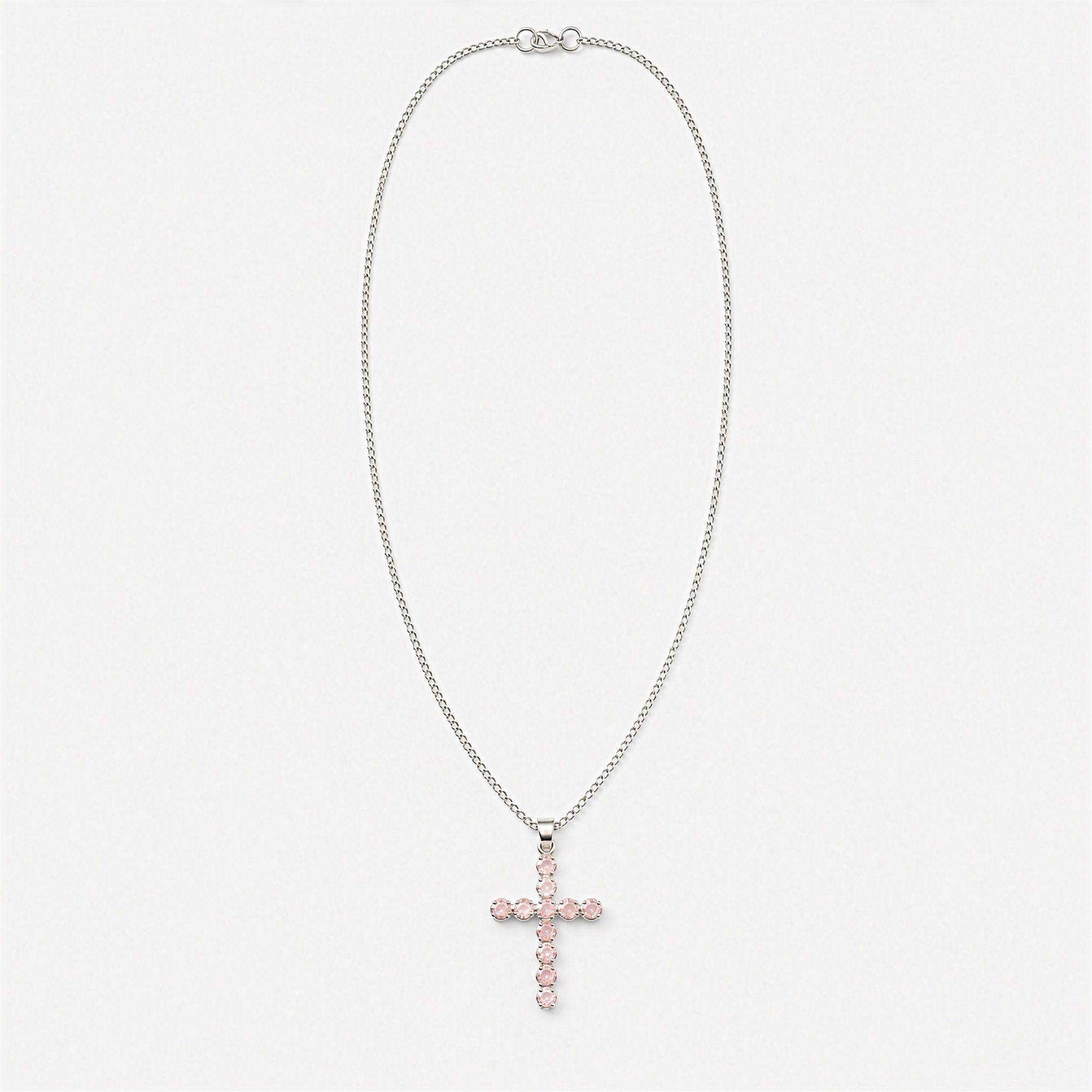 Indian Devotional Pendant - Silver Plated (45cm Chain)- Rose Quartz Crucifix