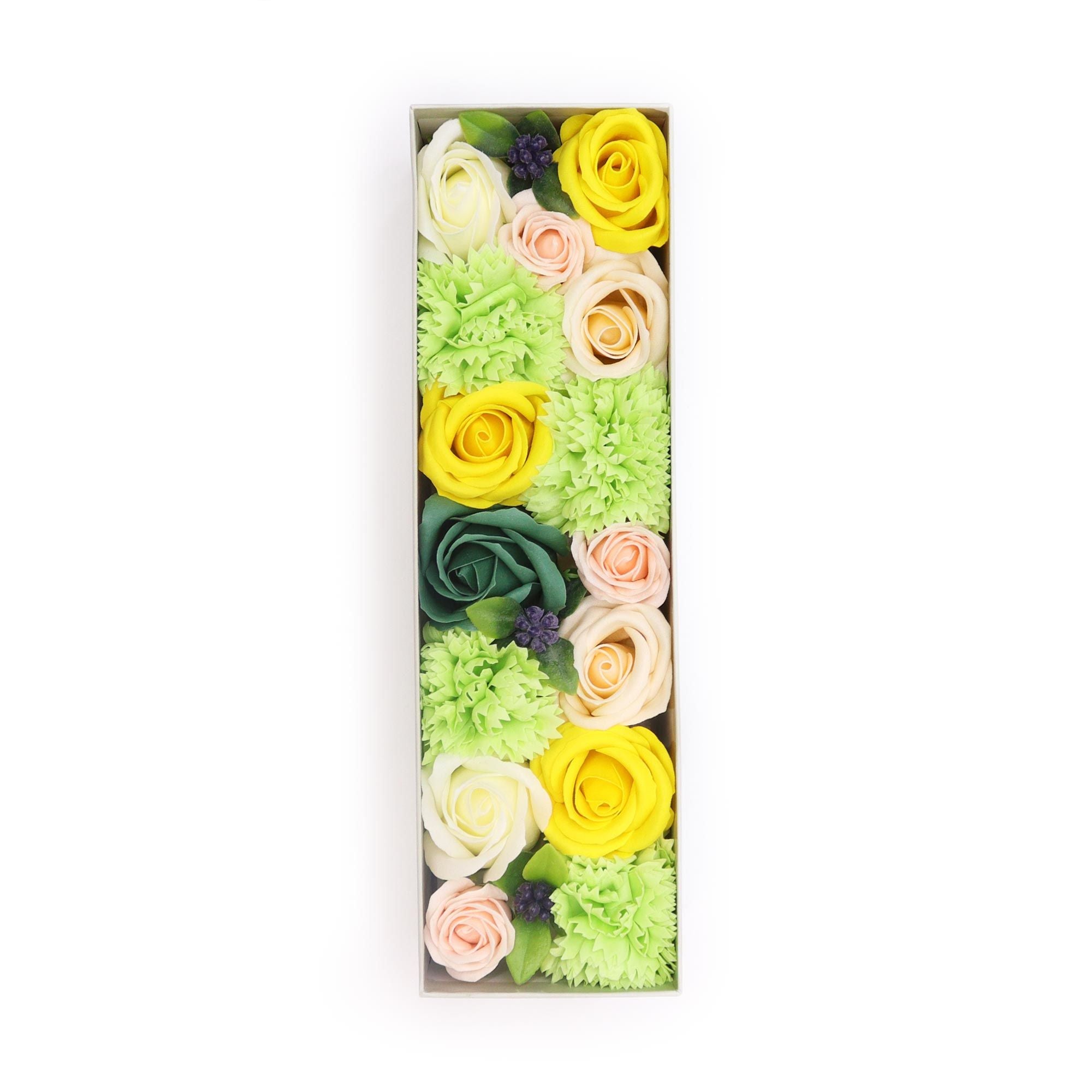 Long Box Soap Flowers for Spring Celebrations in Yellow & Greens