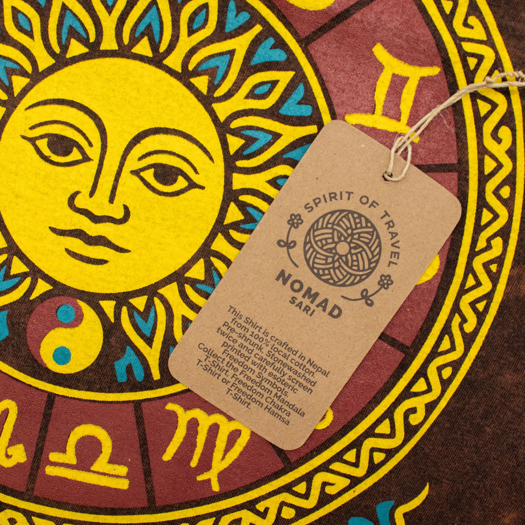 Nomad Sari Stonewashed Cotton T Shirt with Sun Zodiac Design
