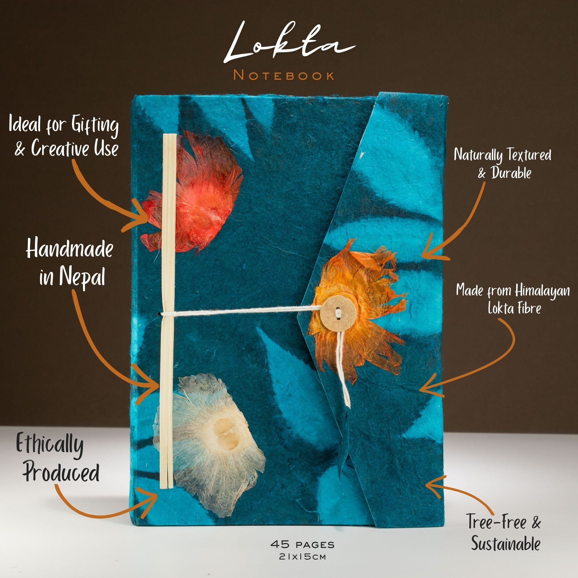 Lokta Bold Floral Notebook Large with Bookmark in Midnight Blue
