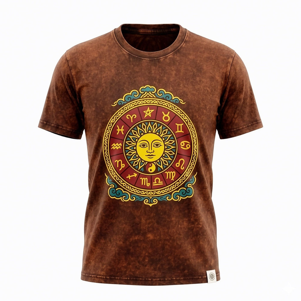 Nomad Sari Stonewashed Cotton T Shirt with Sun and Zodiac Design