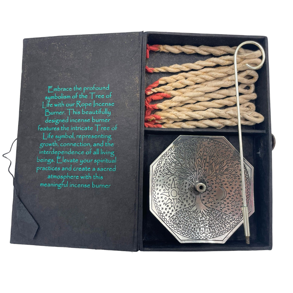 Rope Incense and Silver Plated Holder Set with Tree of Life Design