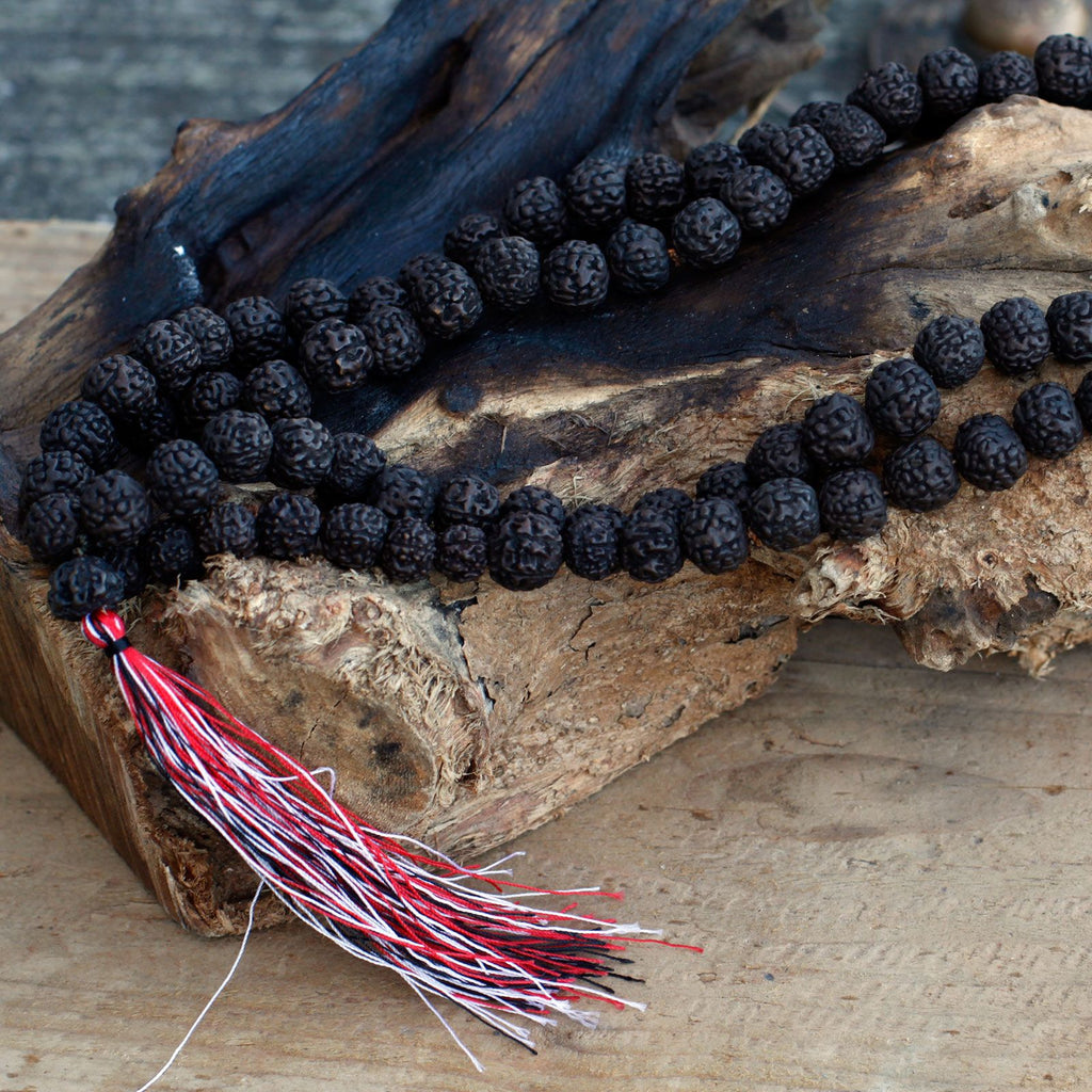 108 Rudraksha Mala Dark with Chunky Tassel for Spiritual Practices