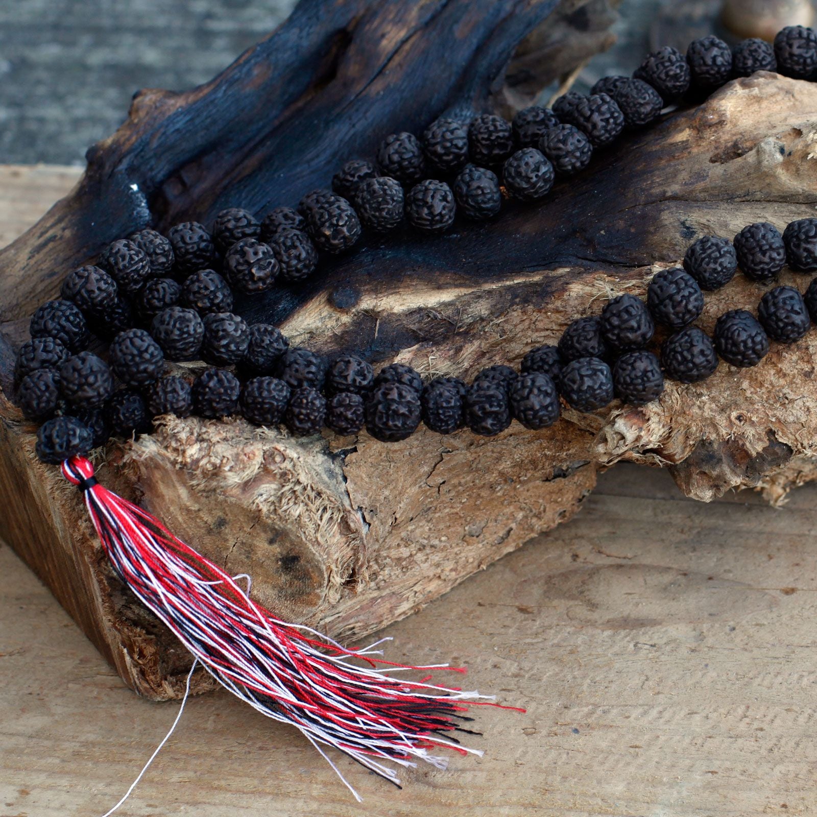 108 Rudraksha Mala Dark with Chunky Tassel for Spiritual Practices