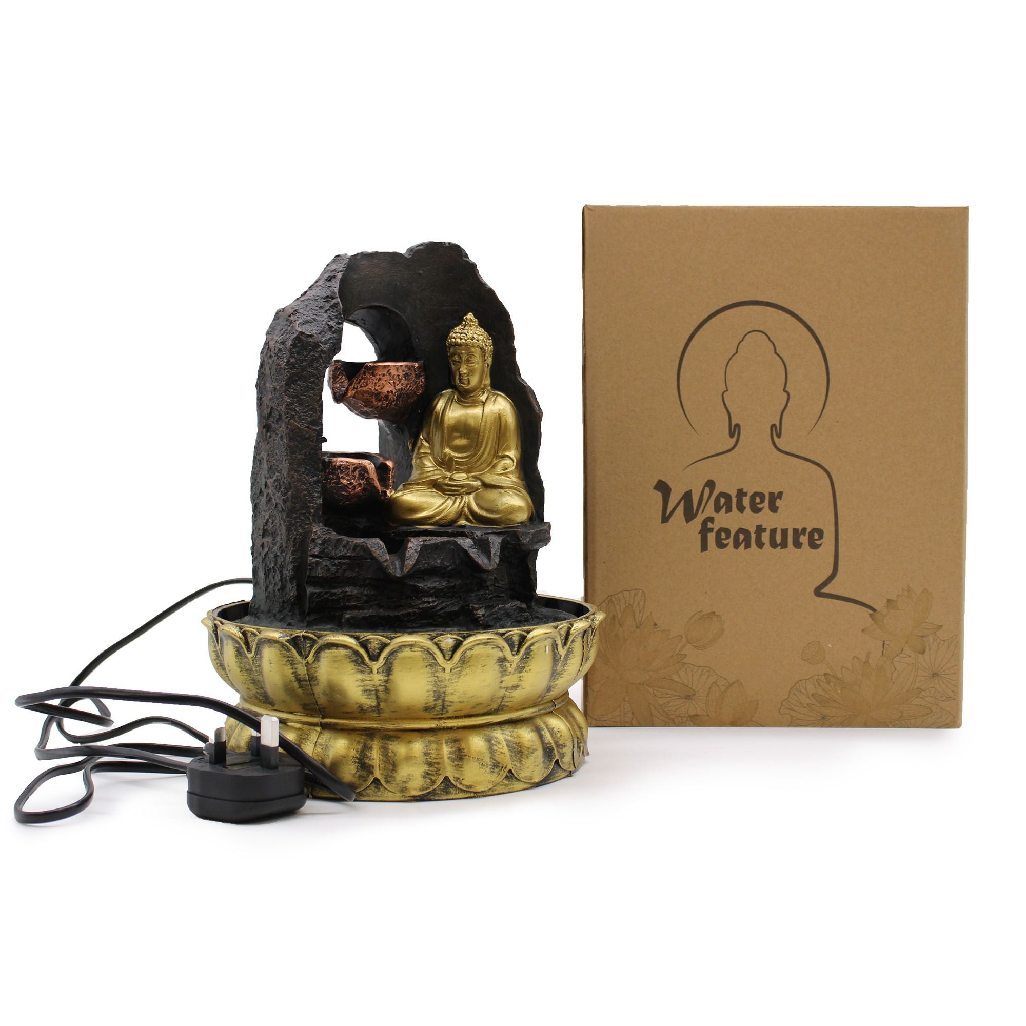 Golden Meditating Buddha Tabletop Water Feature 30cm for Decor
