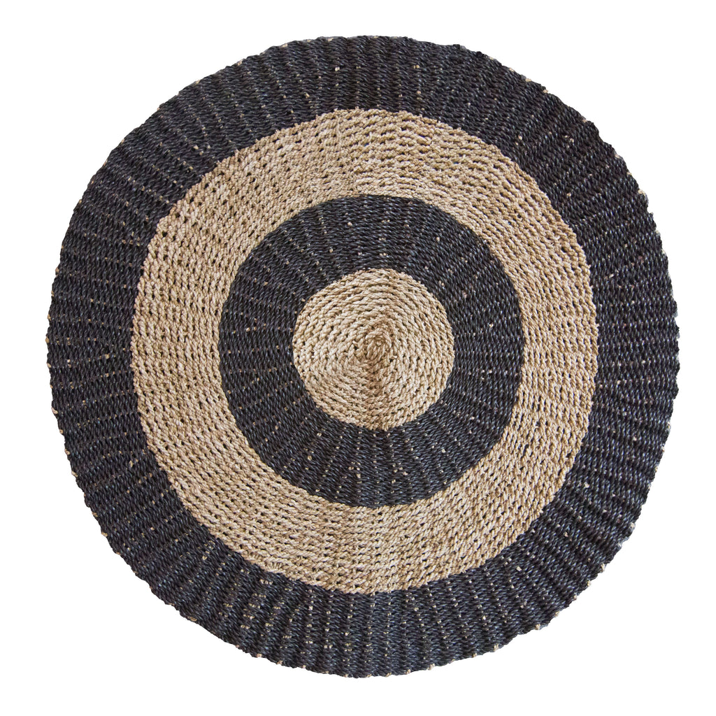 Round Seagrass Black and Tan Circles Rug for Modern Home Decor