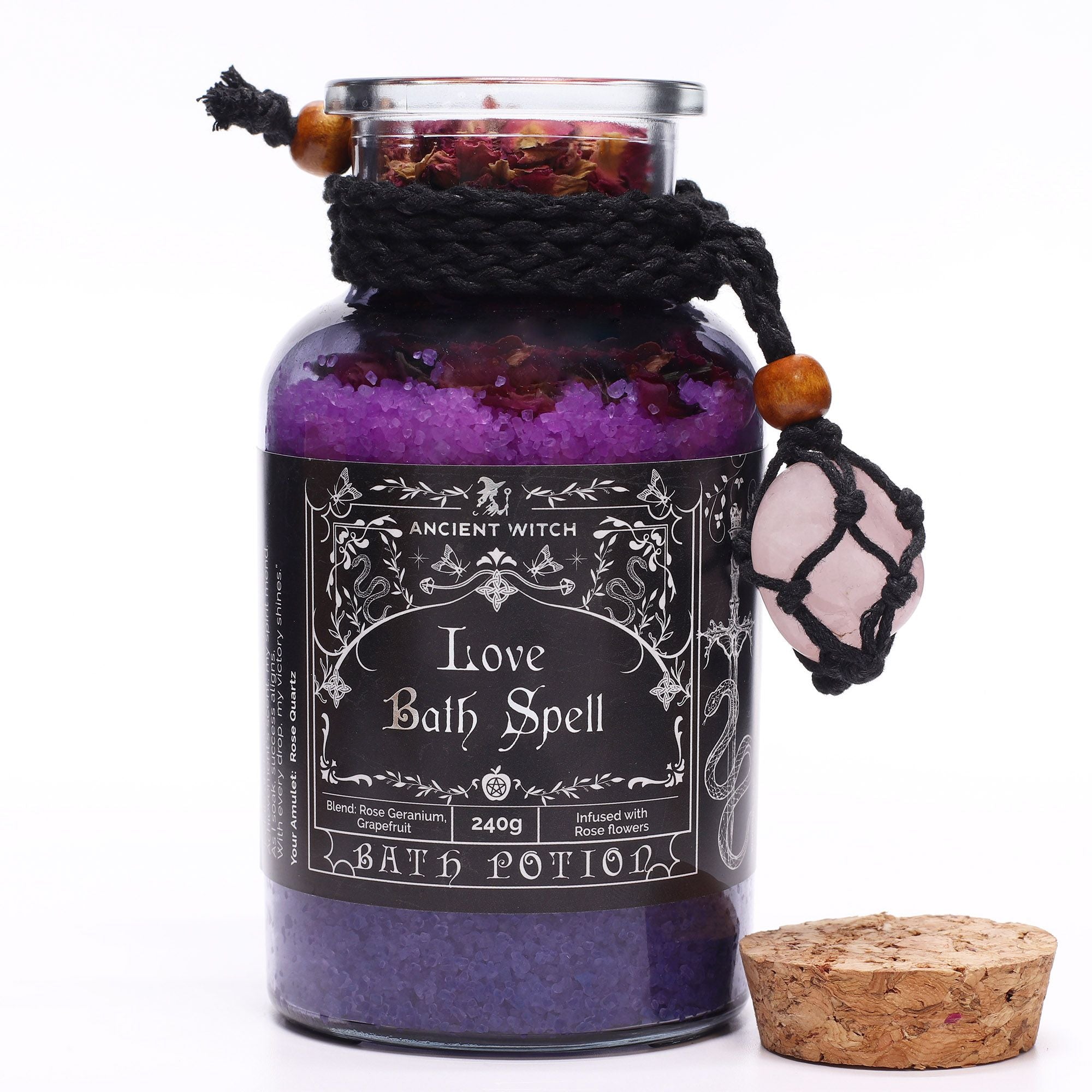 Ancient Witch Bath Spell Potion & Rose Quartz Amulet for Love