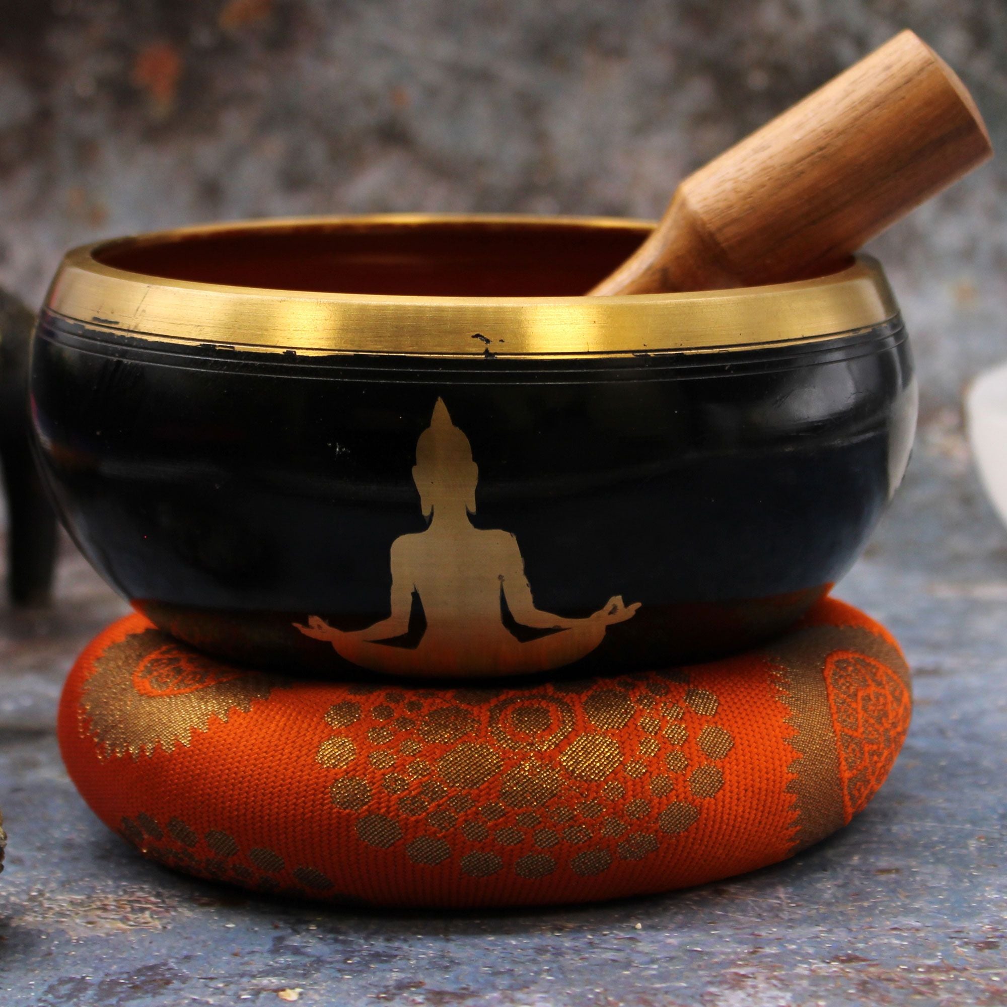 Large Black and Orange Buddha Singing Bowl Set for Home Decor
