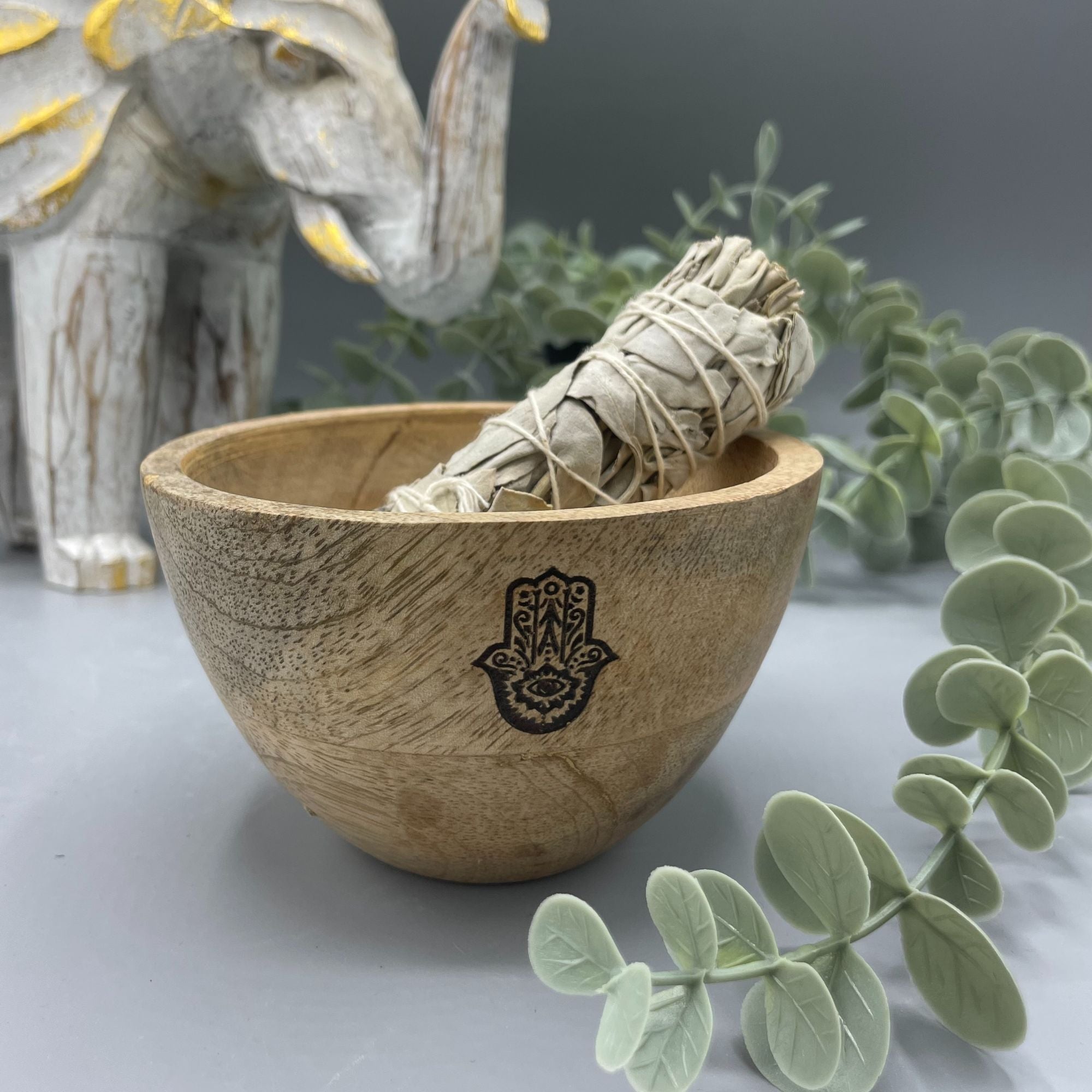 Wooden Smudge and Ritual Offerings Bowl with Hamsa Design 11x7cm