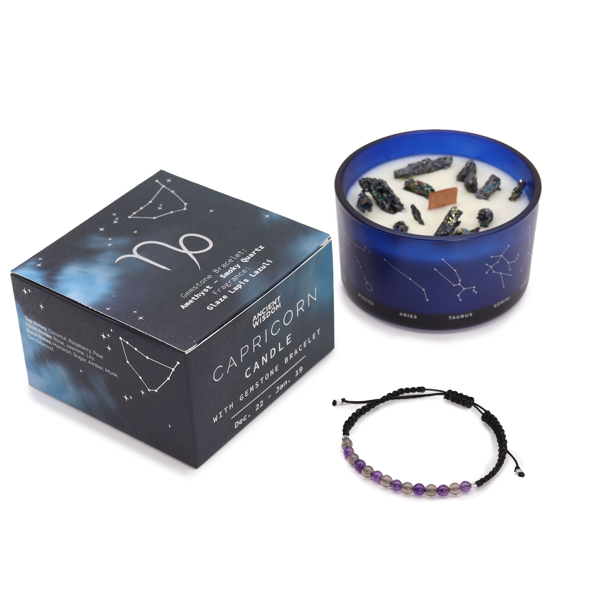 Capricorn Zodiac Crystal Candle and Gemstone Bracelet Gift Set