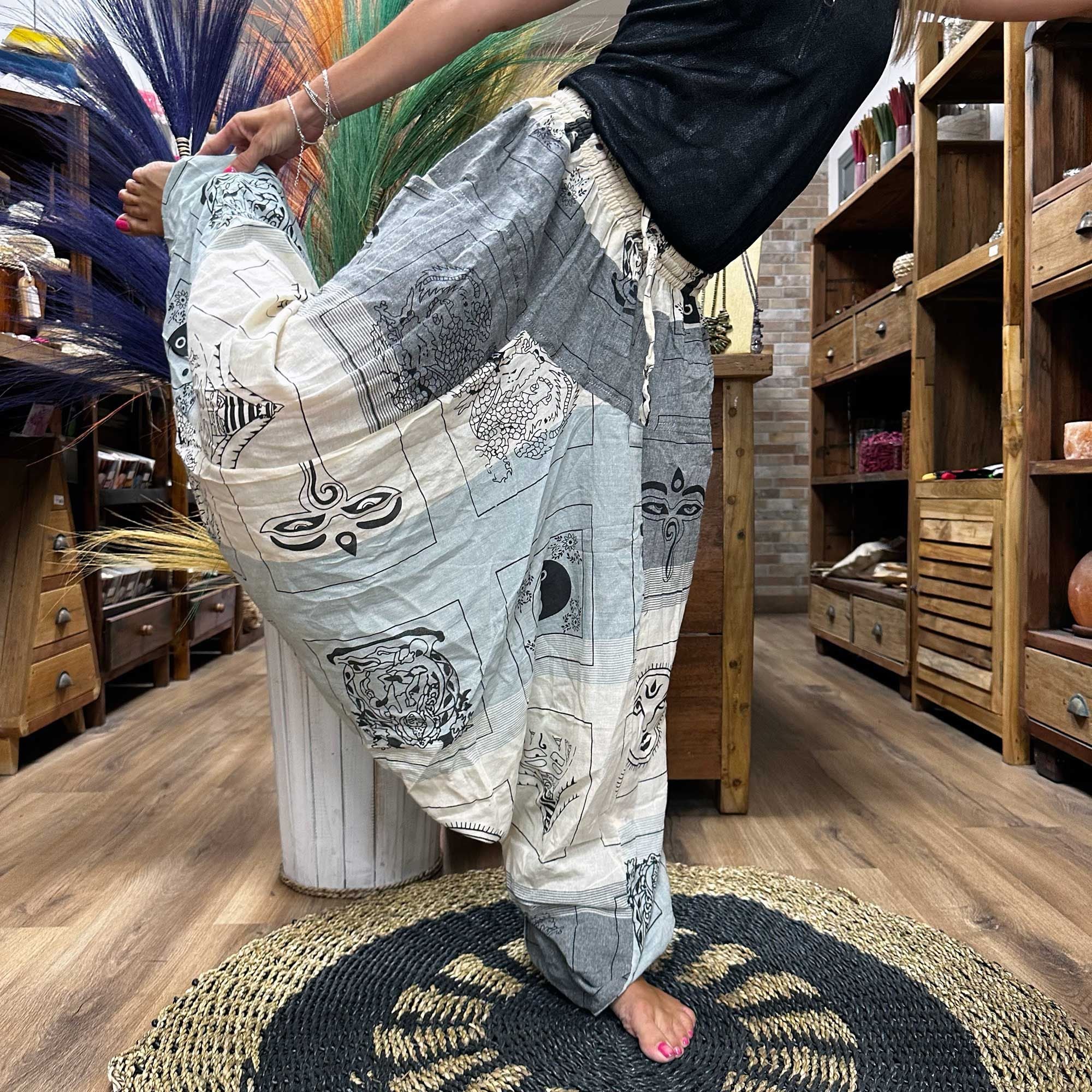 Yoga and Festival Pants with Aladdin Himalayan Print on Grey