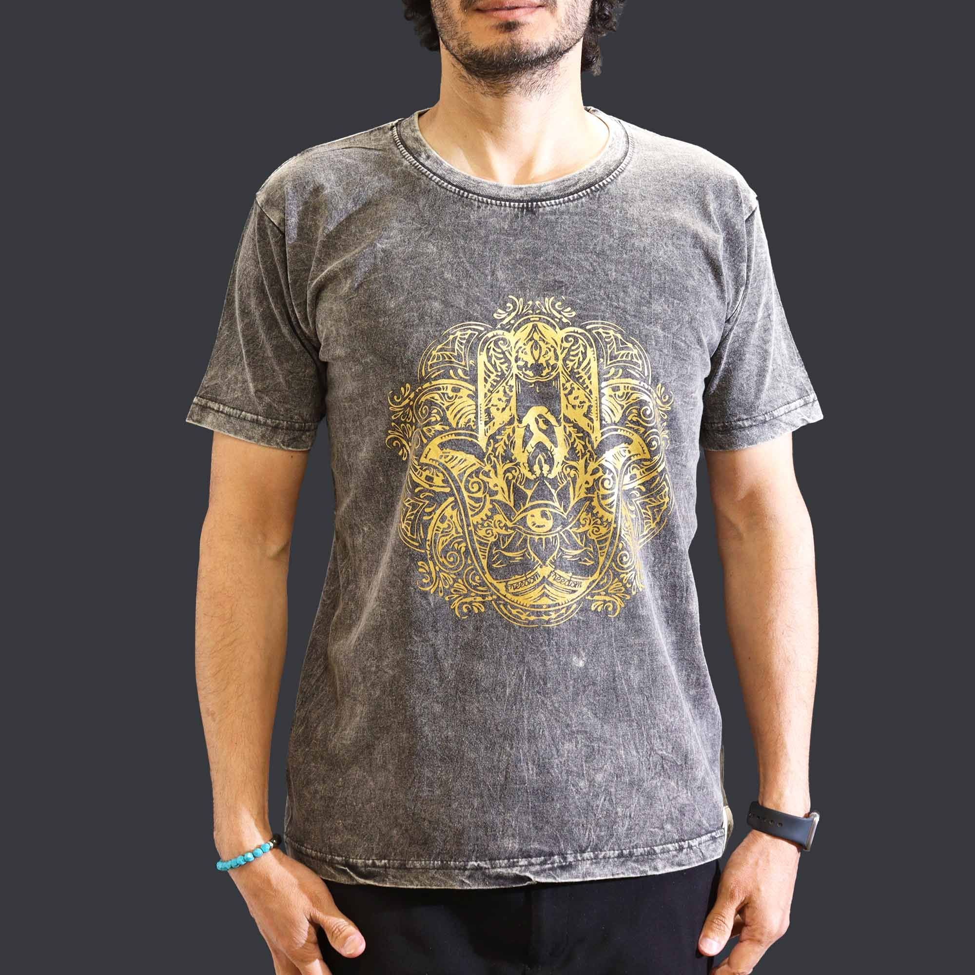 Nomad Sari Stonewashed Cotton T Shirt with Hamsa in Dark Grey