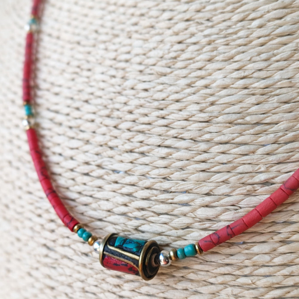 Nepalese Extra Fine Gem Necklace with Coral Tribal Bead Design
