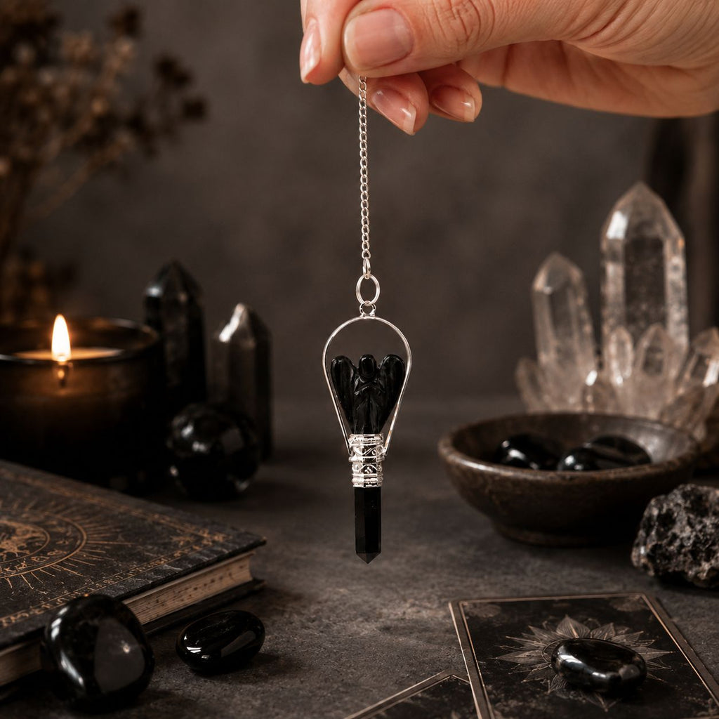 Angel Pendulum with Ring in Black Agate for Dowsing Use