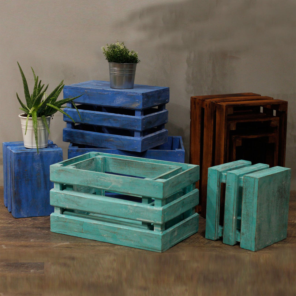 Wooden Storage Crates Bluewash Set of 3 for Home Organisation