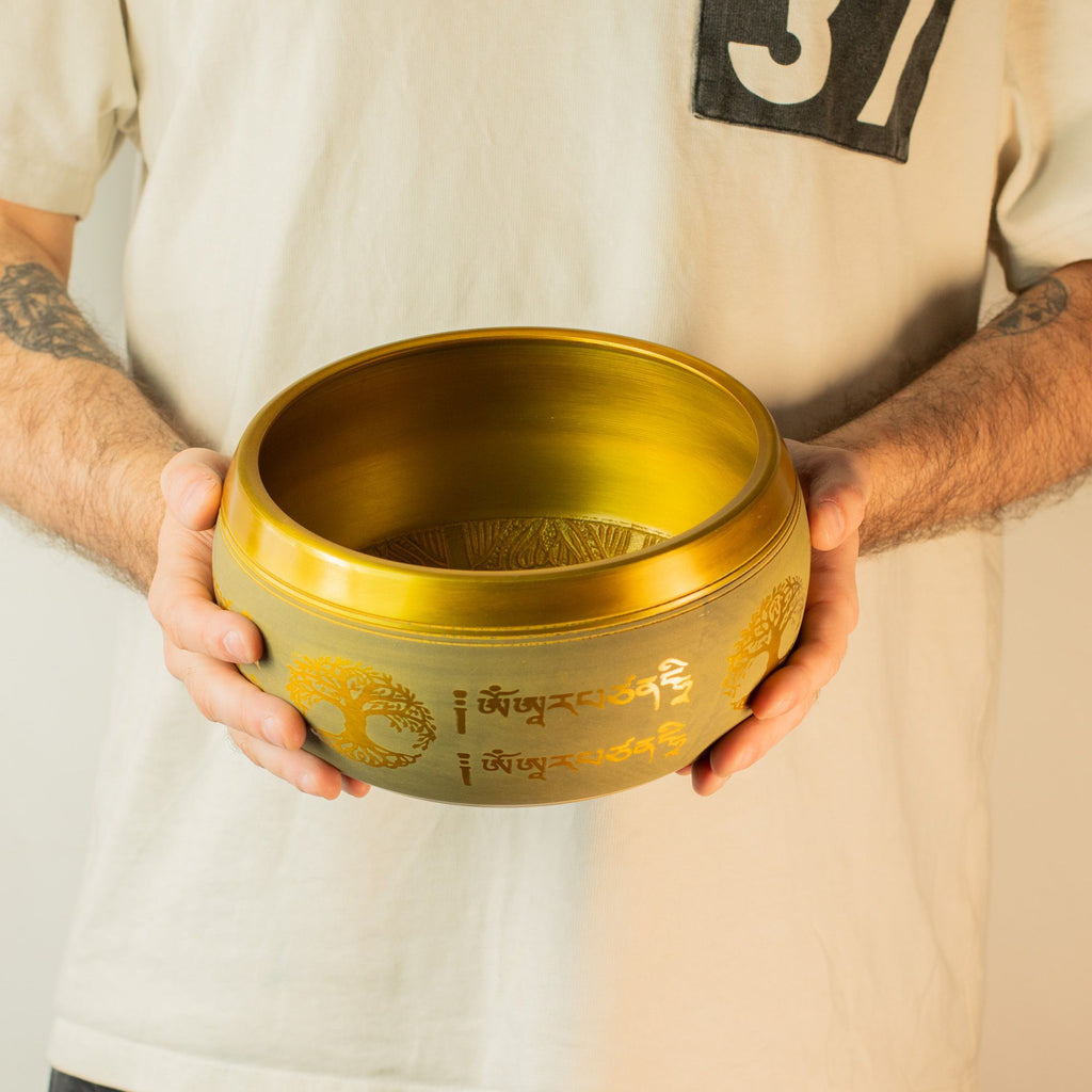 Large Aluminum Singing Bowl with Buddha and Tree of Life Design