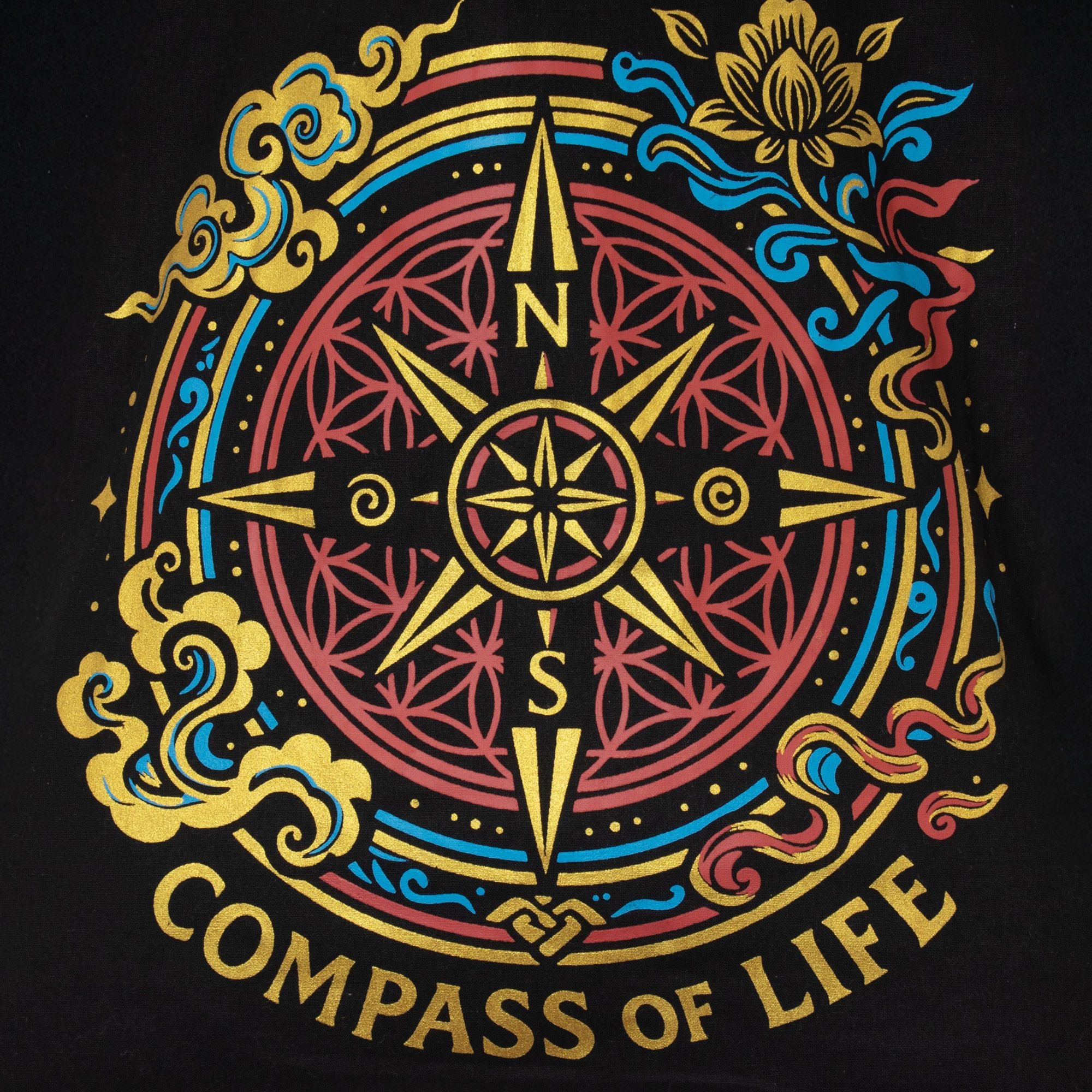 Iconic Classic Tote Bag with Compass of Life Black Cotton Design
