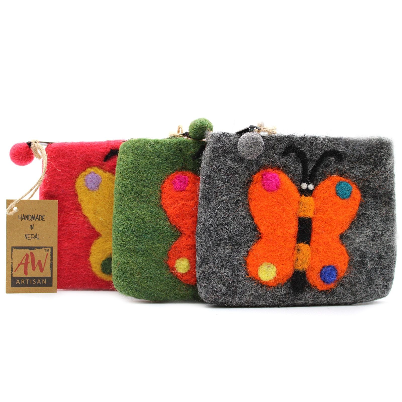 Natural Felt Zipper Pouch with Big Butterfly Design Assorted