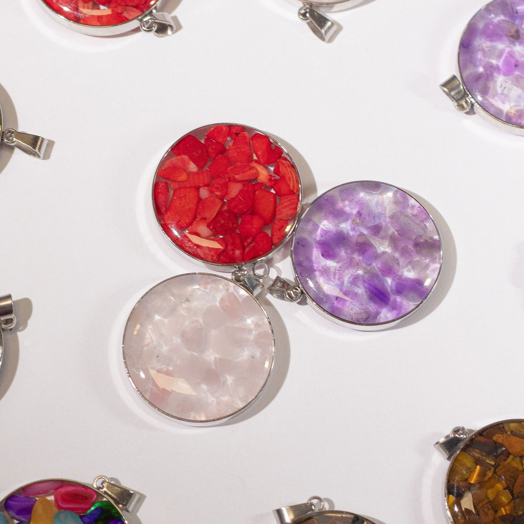 Steel Cased Pendant Round with 12 Assorted Gemstone Chips & Shells