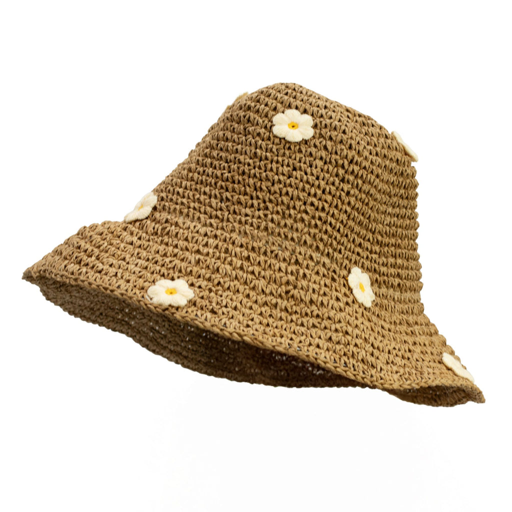 Nomad Sari Floppy Straw Sun Hat in Coffee and Daisies Design