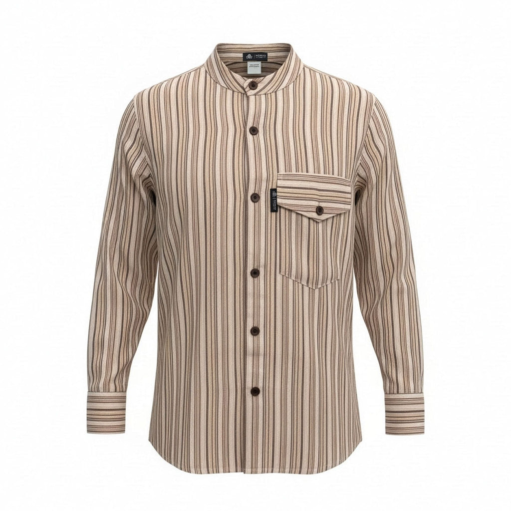Nomad Sari Grandad Shirt in Brown Beige with Classic Stripes