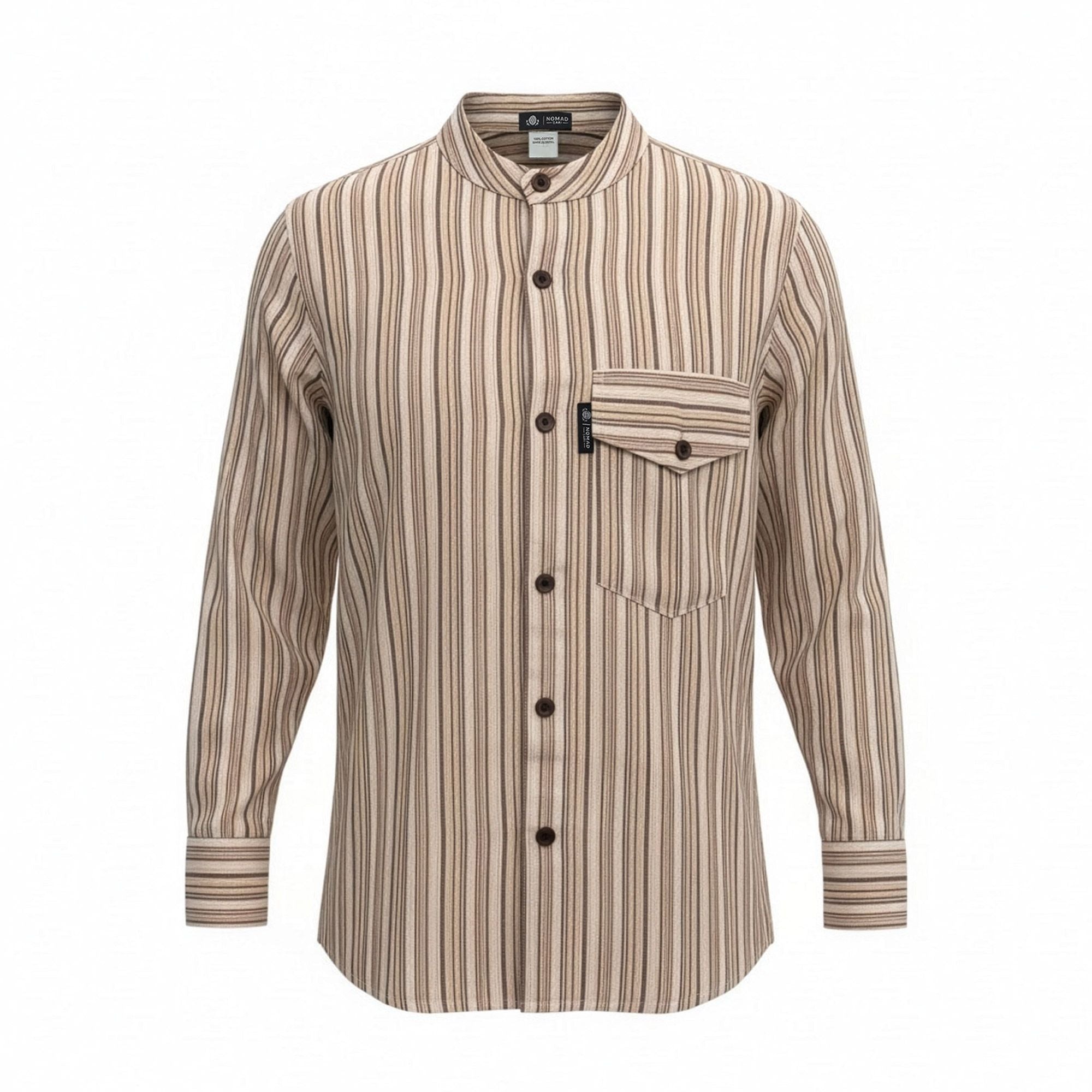 Nomad Sari Grandad Shirt in Brown Beige with Classic Stripes