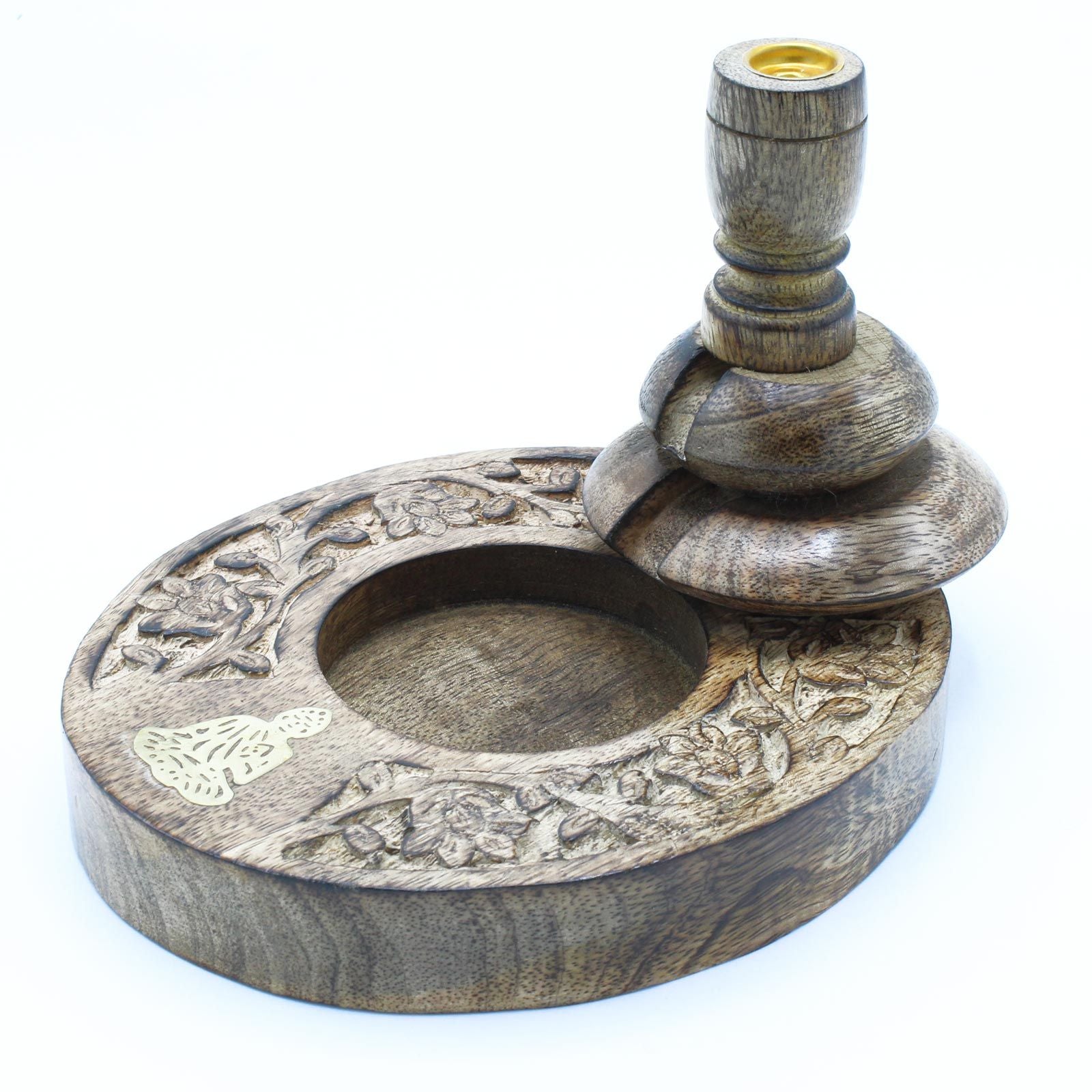 Medium Mango Wood Backflow Burner with Brass Buddha Design Detail
