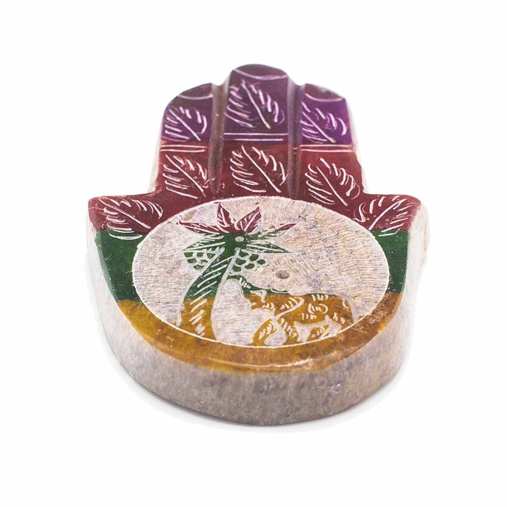 Soapstone Hamsa Incense Holder with Elephant and Palm Design