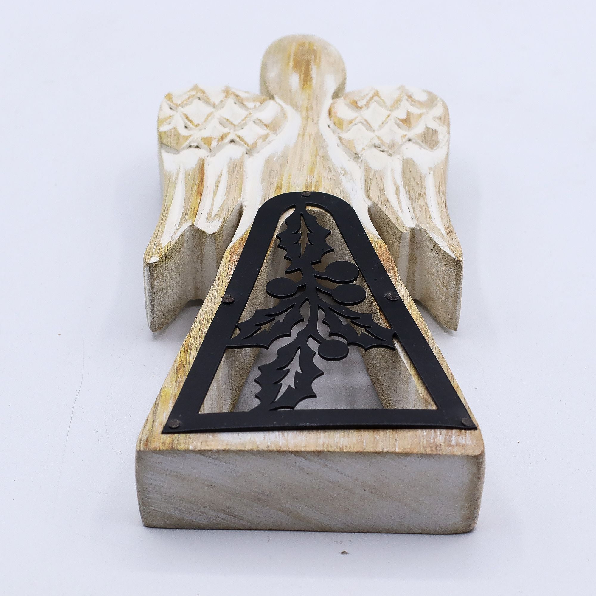 Mango Wood Angel with Iron Decor Cut Out in Whitewash Finish