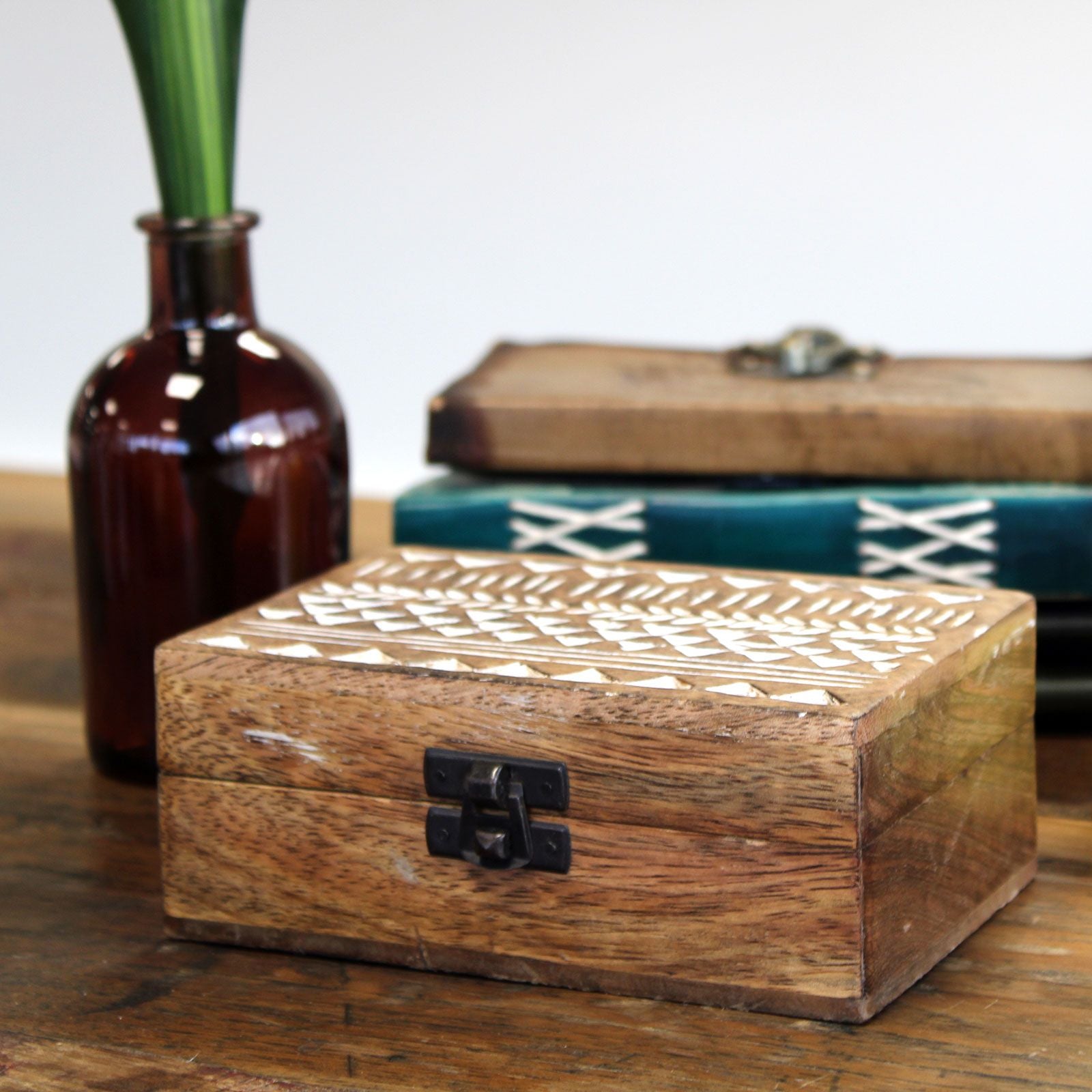 White Washed Wooden Box with Slavic Design for Stylish Storage