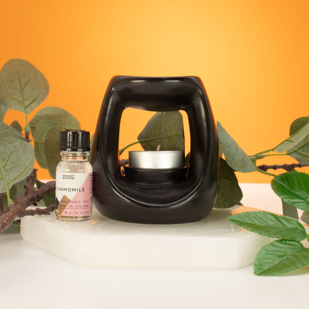 Ceramic Zen Oil Burner Large Oval Pebble in Matt Black Finish