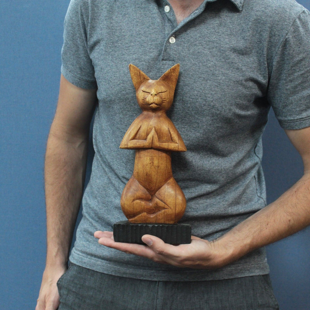 Handcarved Yoga Cats Unique Wooden Home Decor for Yoga Lovers