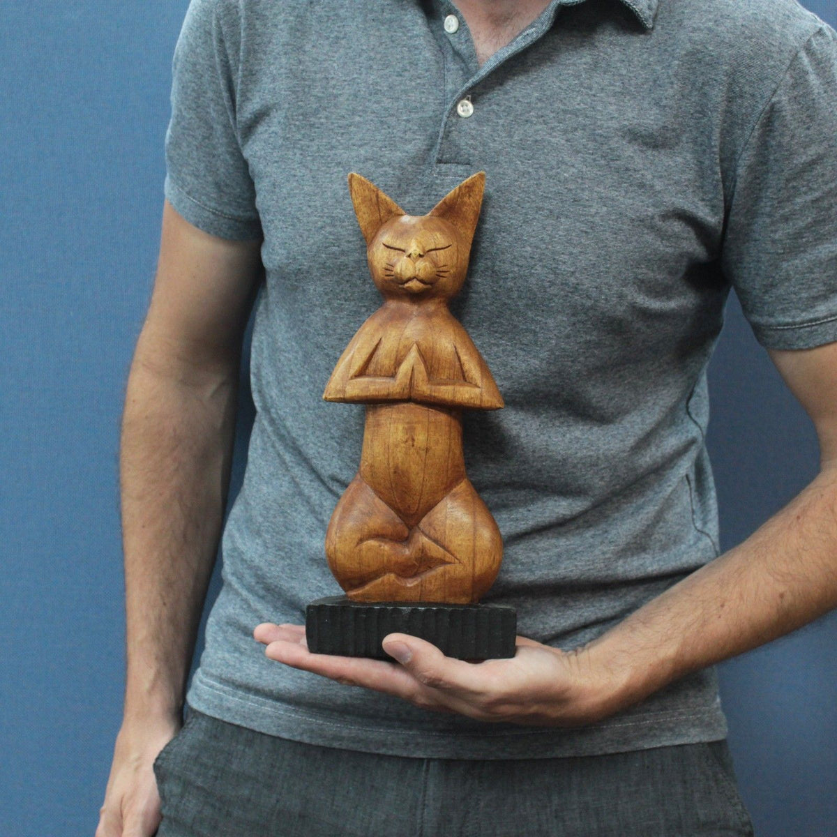 Hand Carved Wooden Yoga Cat Ornament – Lotus Pose