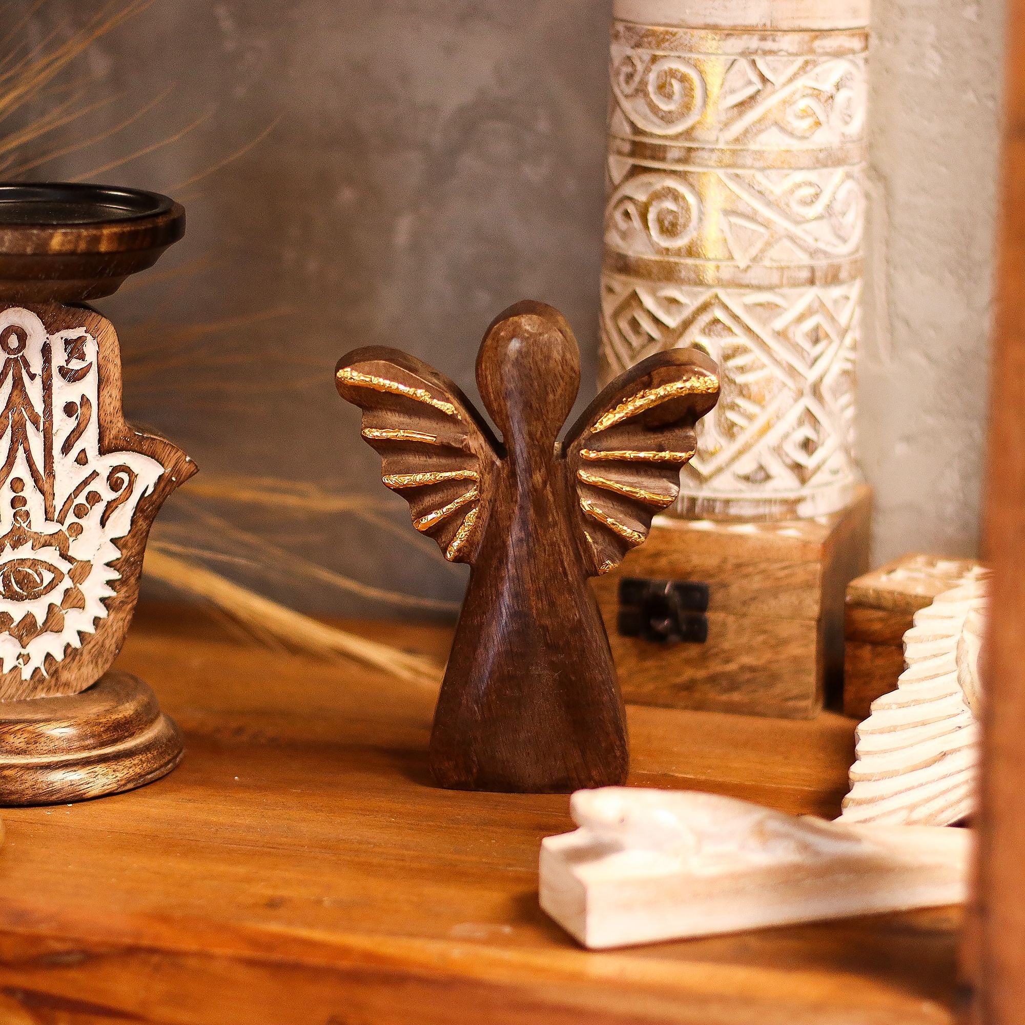 Medium Mango Wood Angel with Gold Decor for Home Display